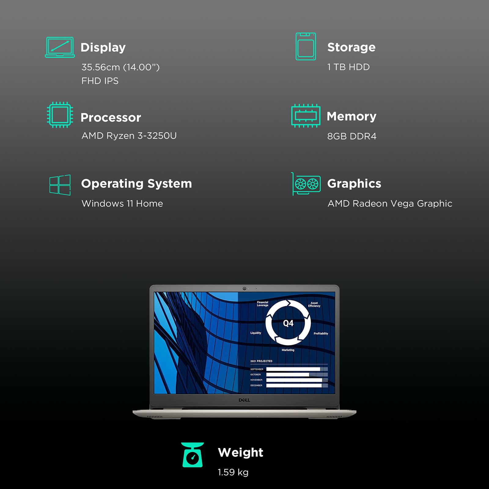 DELL 14 Vostro 3405 AMD Ryzen 3 (14 inch, 8GB, 1TB, Windows 11, MS Office 2021, AMD Radeon Vega Graphics, FHD IPS Display, Accent Black, D552234WIN9B)_3