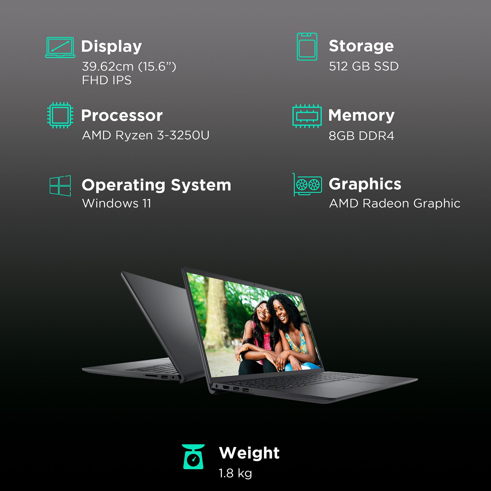 DELL Inspiron 3515 AMD Ryzen 3 (15.6 inch, 8GB, 512GB, Windows 11, MS Office 2021, AMD Radeon Graphics, FHD IPS Display, Carbon Black, D560793WIN9B)_3