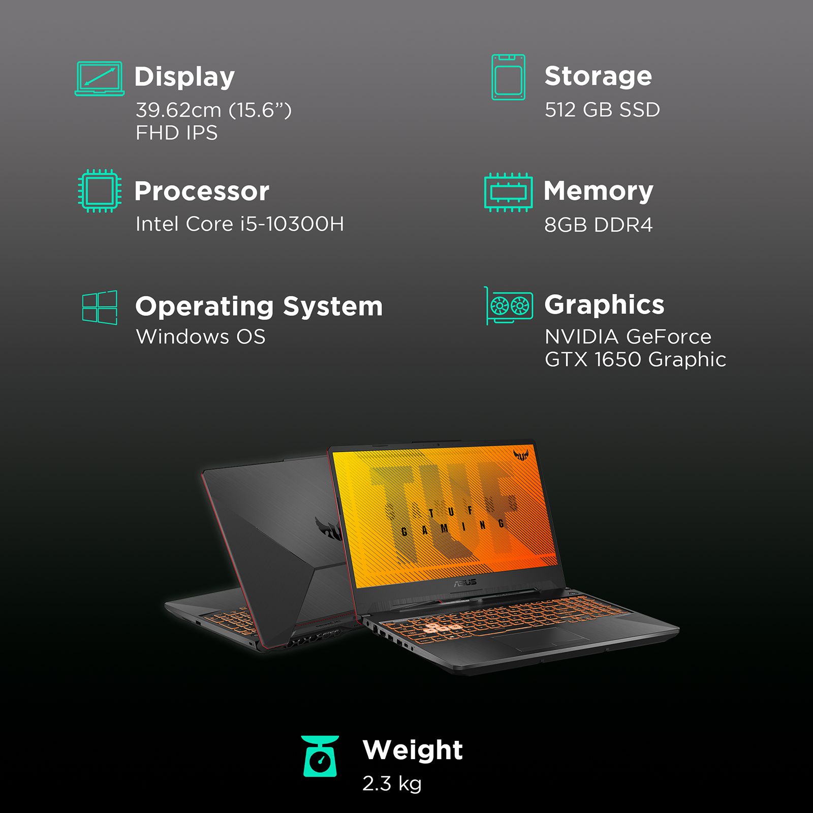 ASUS TUF Gaming F15 FX506LHB-HN355WS Intel Core i5 10th Gen Gaming Laptop (8GB, 512GB SSD, Windows 11 Home, 4GB Graphics, 15.6 inch 144 Hz Full HD IPS Display, NVIDIA GeForce GTX 1650, MS Office 2019, Bonfire Black, 2.3 KG)_3