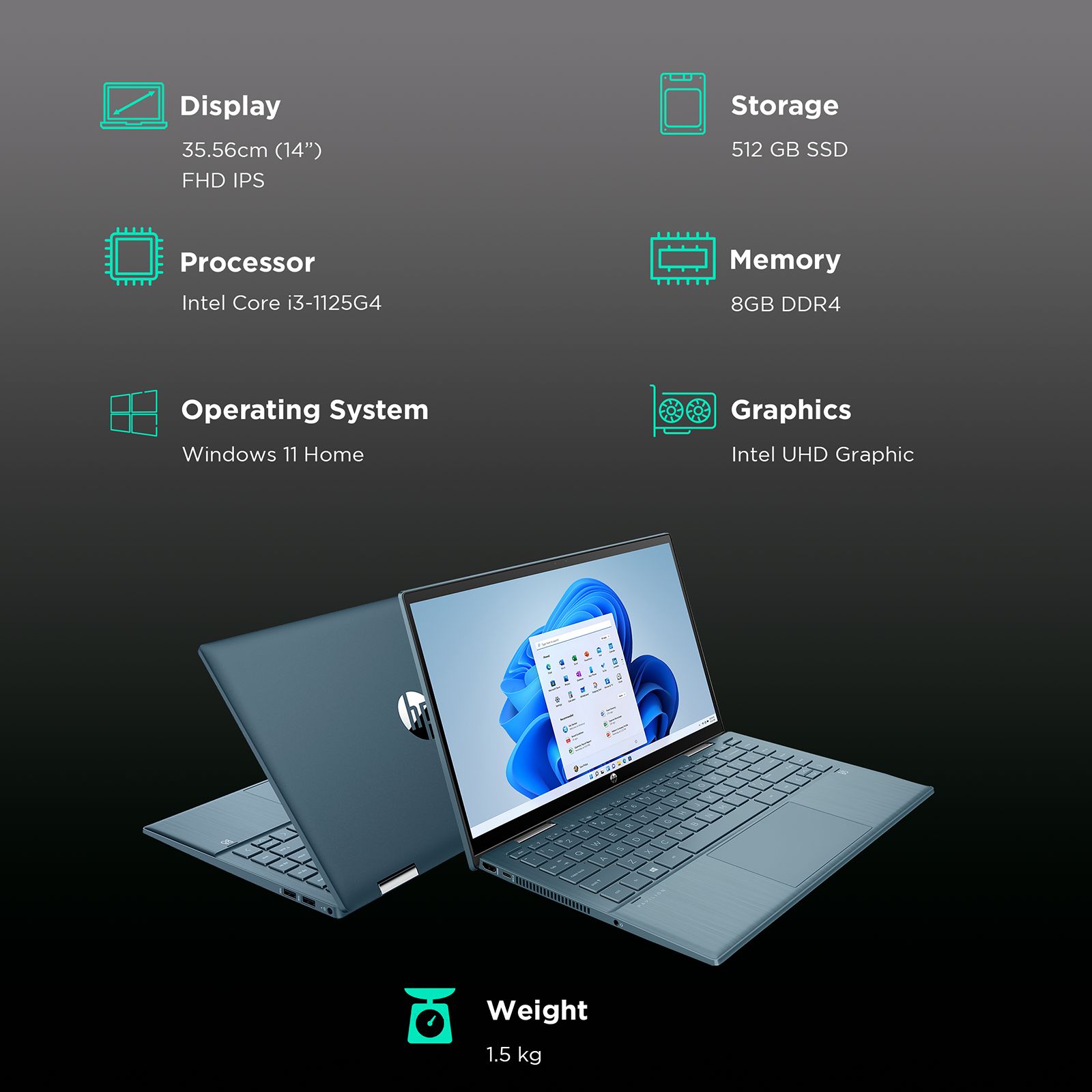 HP Pavilion x360 14-dy0208TU Intel Core i3 11th Gen Touchscreen 2-in-1 Laptop (8GB, 512GB SSD, Windows 11 Home, 14 inch Full HD IPS Display, MS Office 2019, Spruce Blue, 1.75 KG)_3
