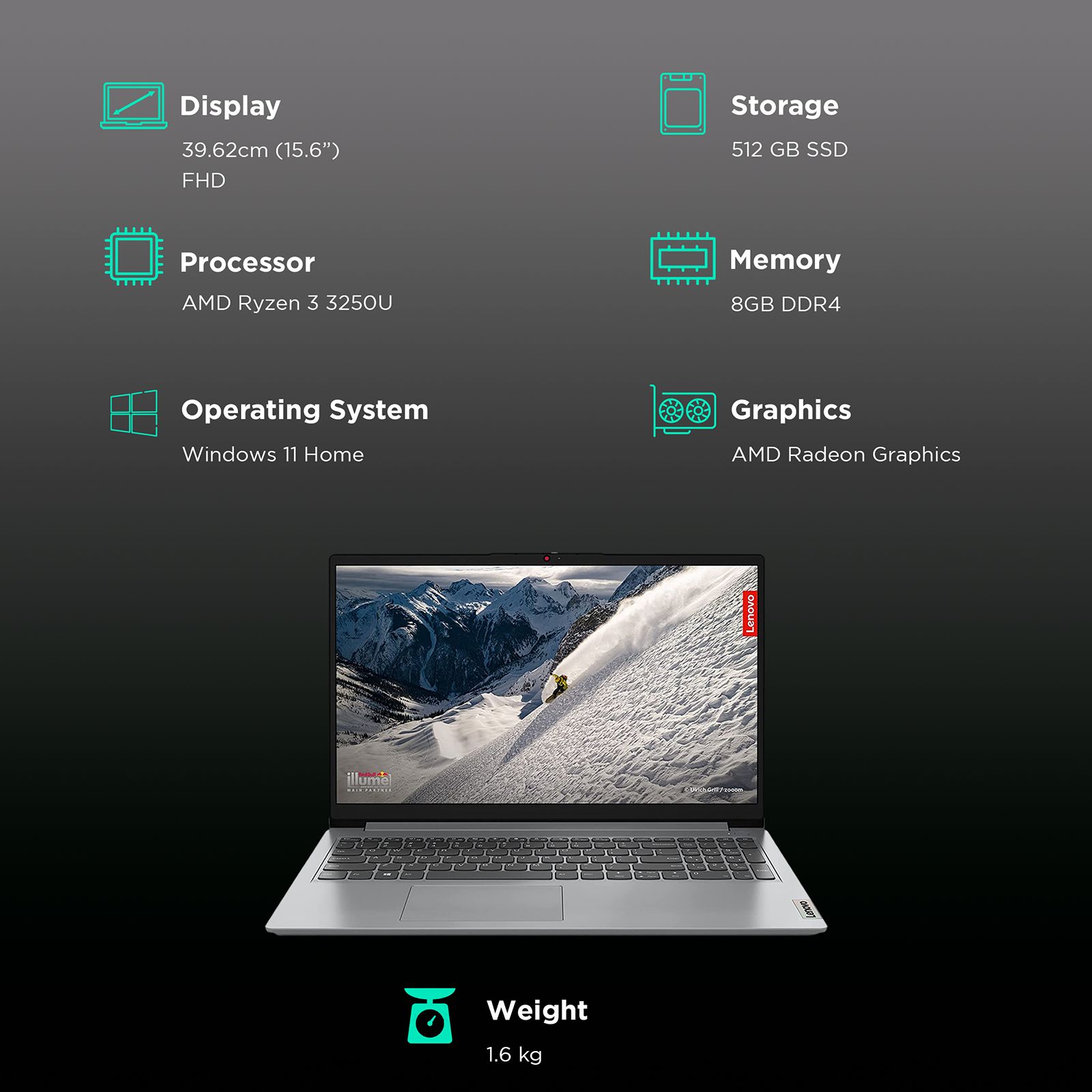 Lenovo IdeaPad Slim 1 AMD Ryzen 3 3250U Thin & Light Laptop (8GB, 512GB SSD, Windows 11 Home, 15.6 inch Full HD Display, MS Office 2021, Cloud Grey, 1.6 KG)_2