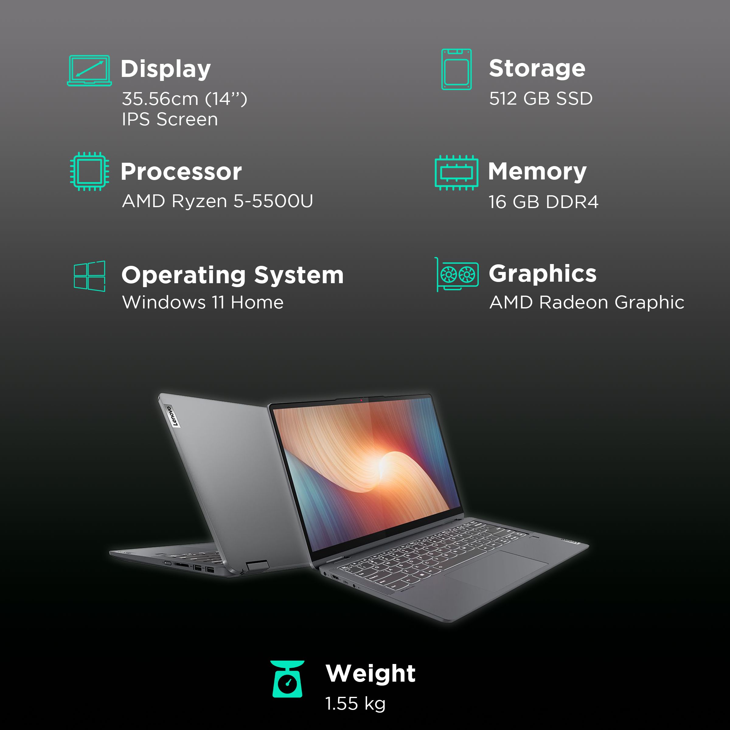 Lenovo IdeaPad Flex 5 14ALC7 8FIN AMD Ryzen 5 (14 inch, 16GB, 512GB, Windows 11, Microsoft Office 2021, AMD Radeon, FHD IPS Display , Graphite Grey, 82R9008FIN)_3