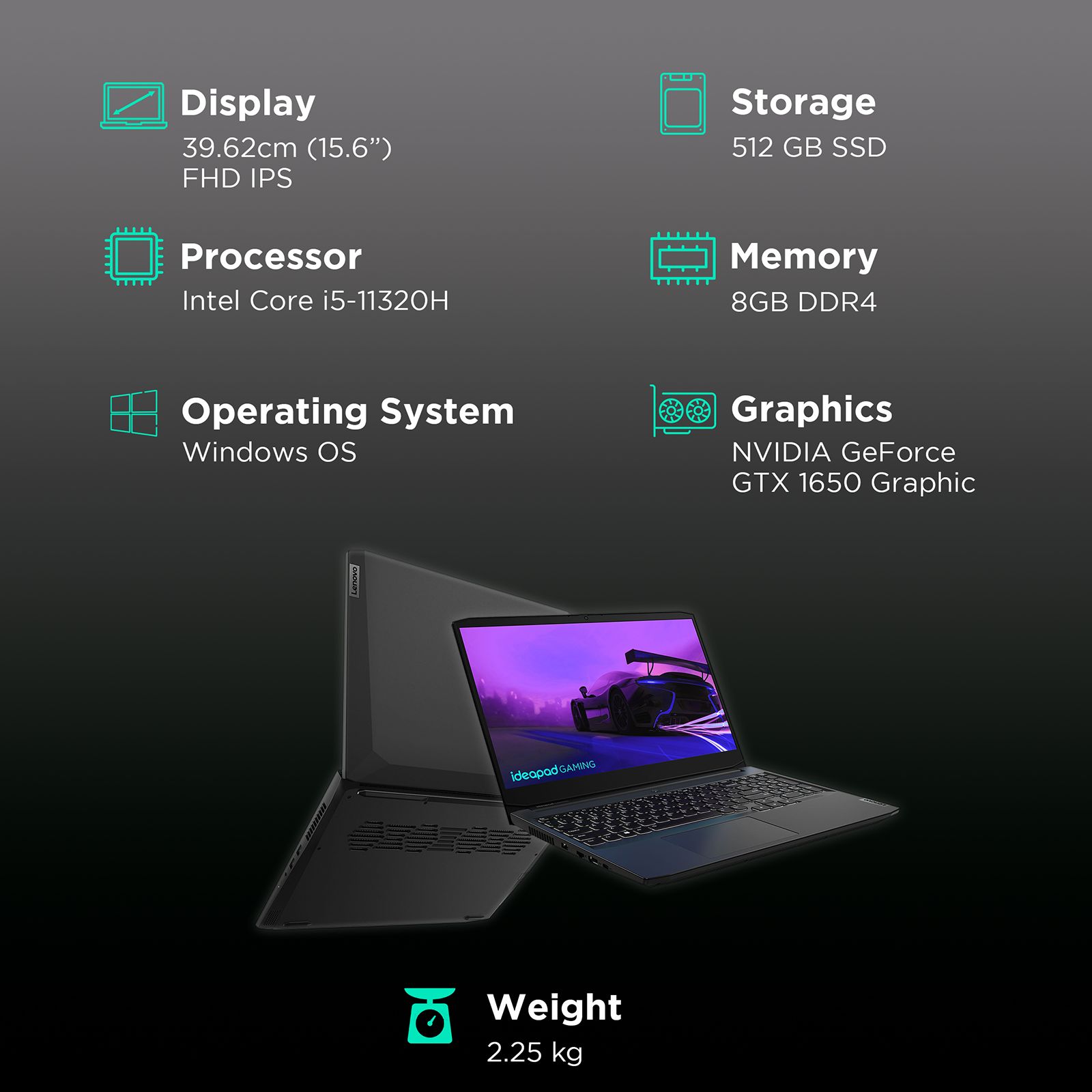 Lenovo IdeaPad Gaming 3 15IHU6 Intel Core i5 11th Gen (15.6 inch, 8GB, 512GB, Windows 11 Home, NVIDIA GeForce GTX 1650, IPS Display, Shadow Black, 82K10198IN )_3