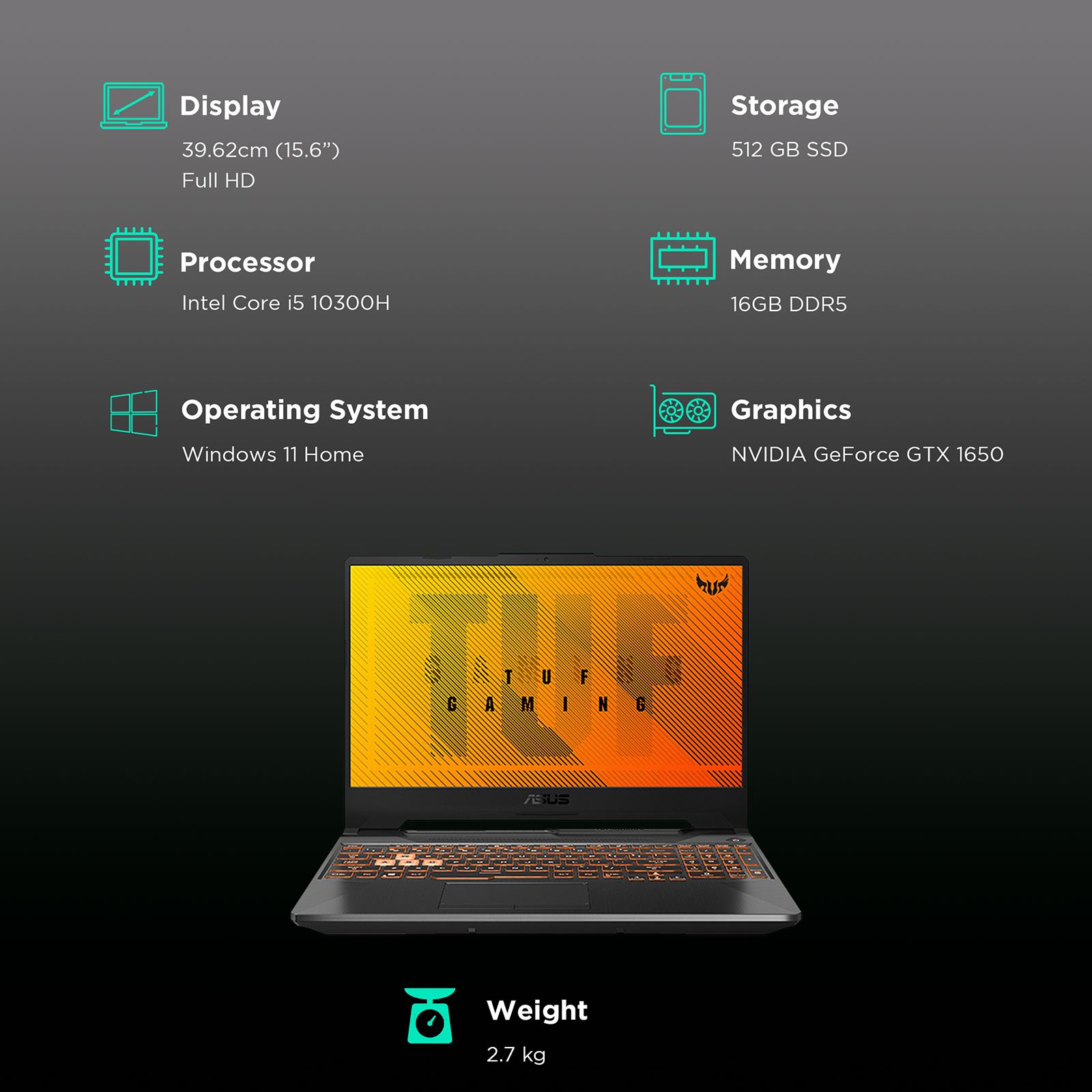 ASUS TUF Intel Core i5 10th Gen Laptop (16GB, 512GB SSD, Windows 11 Home, 4GB GDDR6, 15.6 inch Full HD IPS Display, Bonfire Black, 2.3Kg)_3