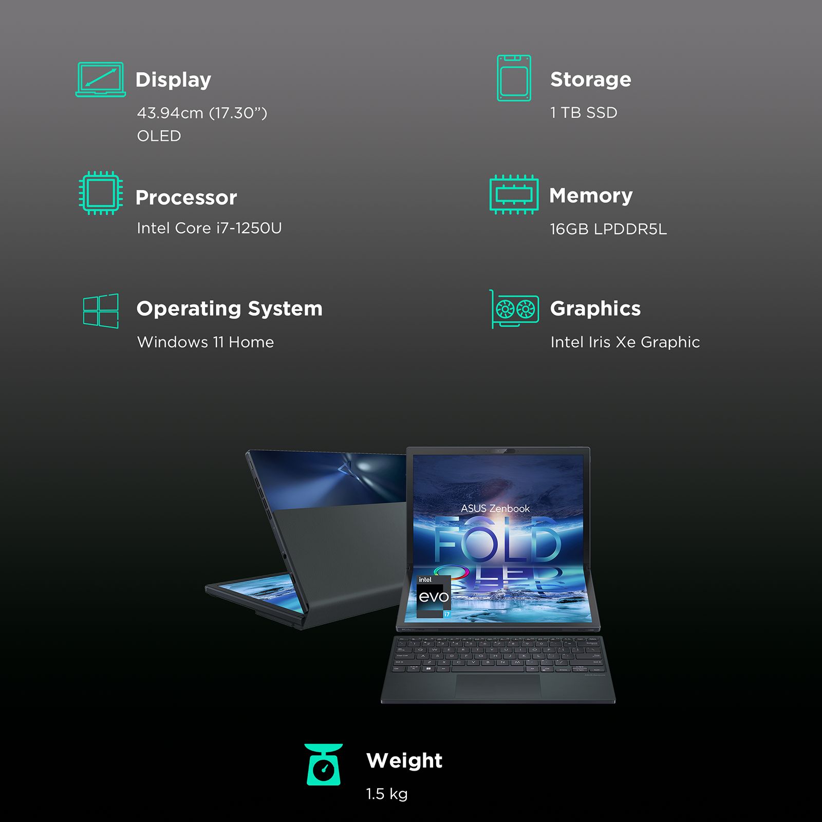 ASUS Intel Evo Zenbook Fold Intel Core i7 12th Gen (17.3 inch, 16GB, 1TB, Windows 11 Home, MS Office 2021, Intel Iris Xe, OLED Display, Black, UX9702AA-MD023WS)_3
