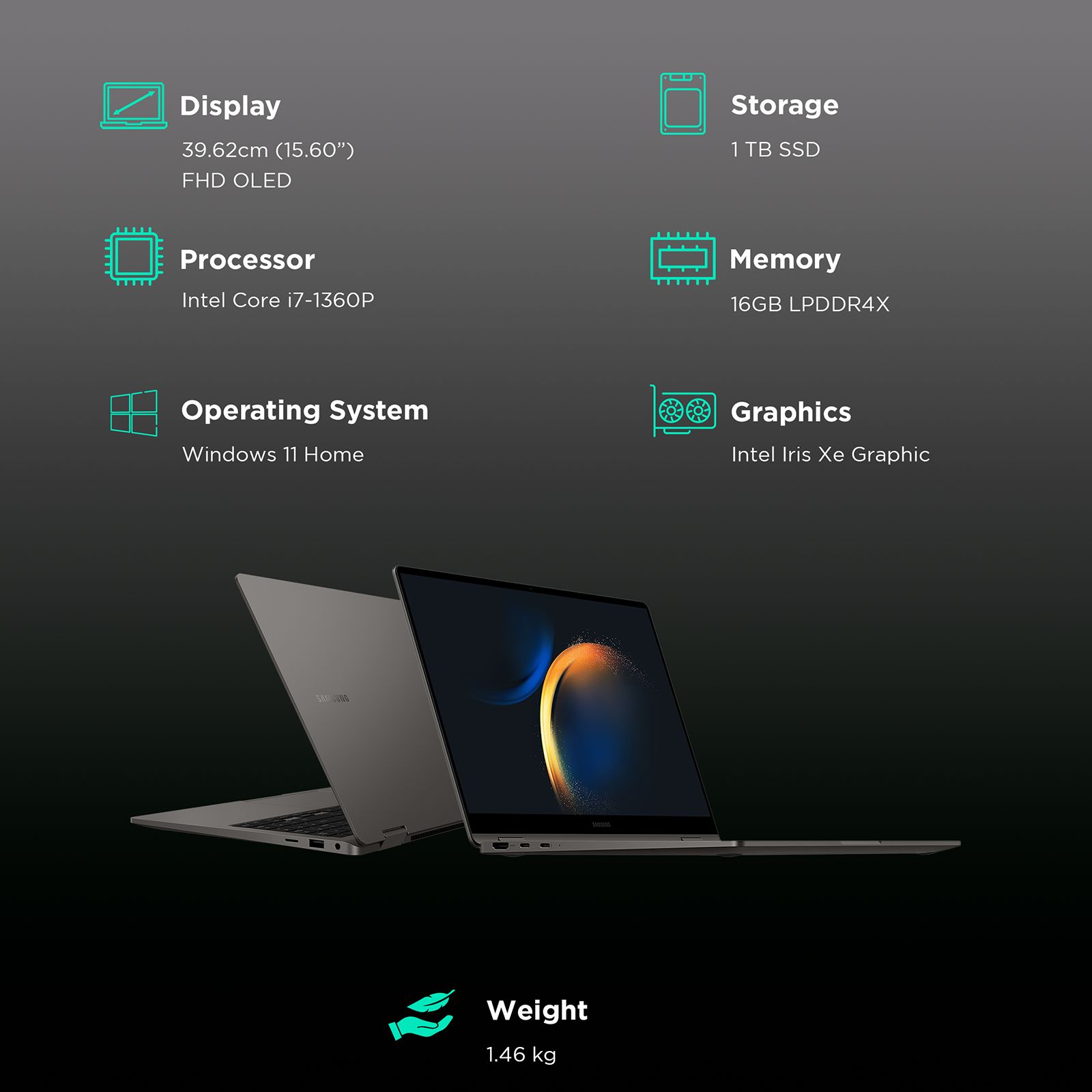 SAMSUNG Galaxy Book3 360 Intel Evo Core i7 13th Gen (15.6 inch, 16GB, 1TB, Windows 11 Home, Intel Iris Xe, Full HD Super AMOLED Display, Graphite, NP750QFG-KA3IN) SAMSUNG Galaxy Book3 360 Intel Evo Core i7 13th Gen (15.6 inch, 16GB, 1TB, Windows 11 Home, Intel Iris Xe, Full HD Super AMOLED Display, Graphite, NP750QFG-KA3IN)_3