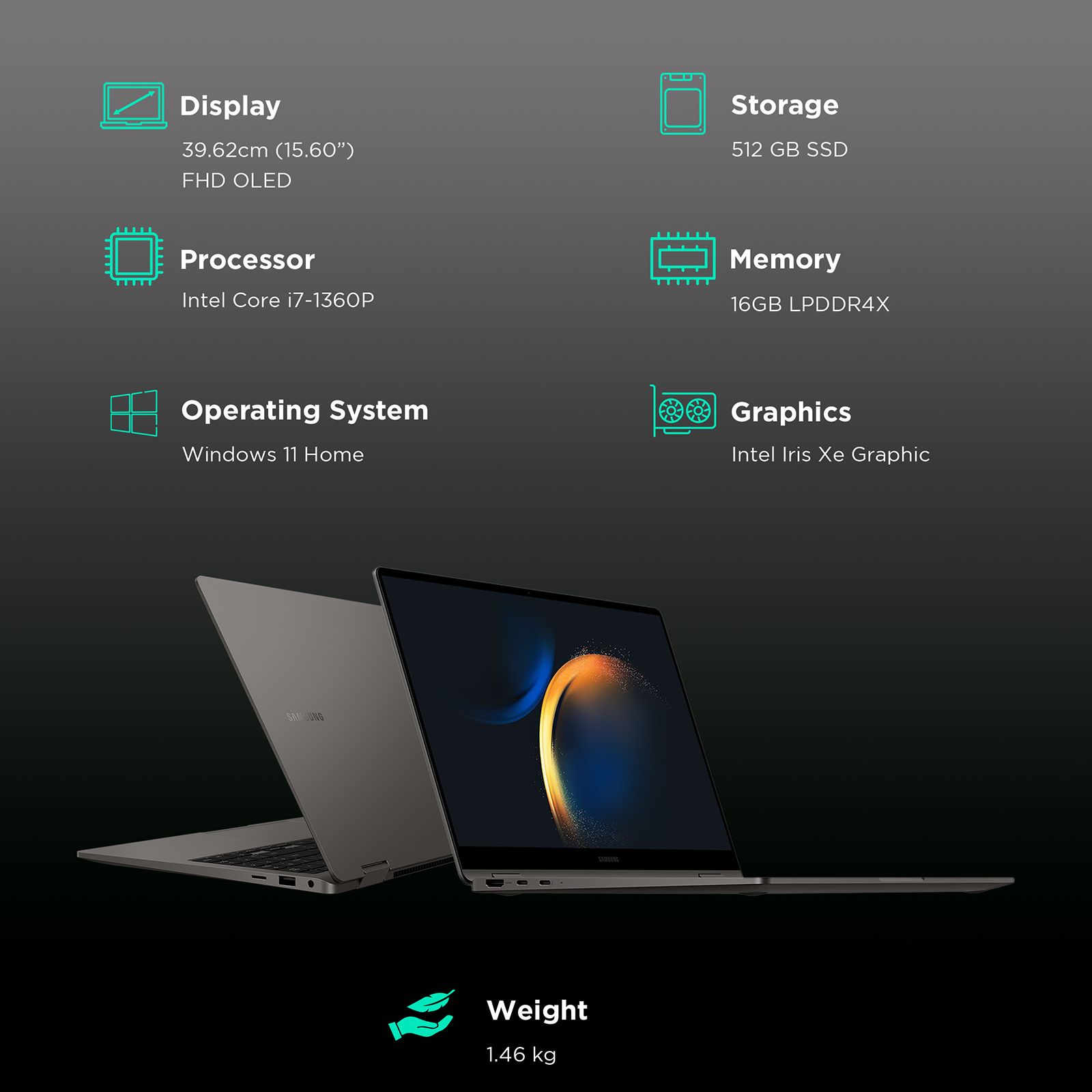 SAMSUNG Galaxy Book 3 360 Intel Evo Core i7 13th Gen (15.6 inch, 16GB, 512GB, Windows 11 Home, MS Office 2021, Intel Iris Xe, Full HD OLED Display, Graphite, NP750QFG-KA1IN) SAMSUNG Galaxy Book 3 360 Intel Evo Core i7 13th Gen (15.6 inch, 16GB, 512GB, Windows 11 Home, MS Office 2021, Intel Iris Xe, Full HD OLED Display, Graphite, NP750QFG-KA1IN)_3