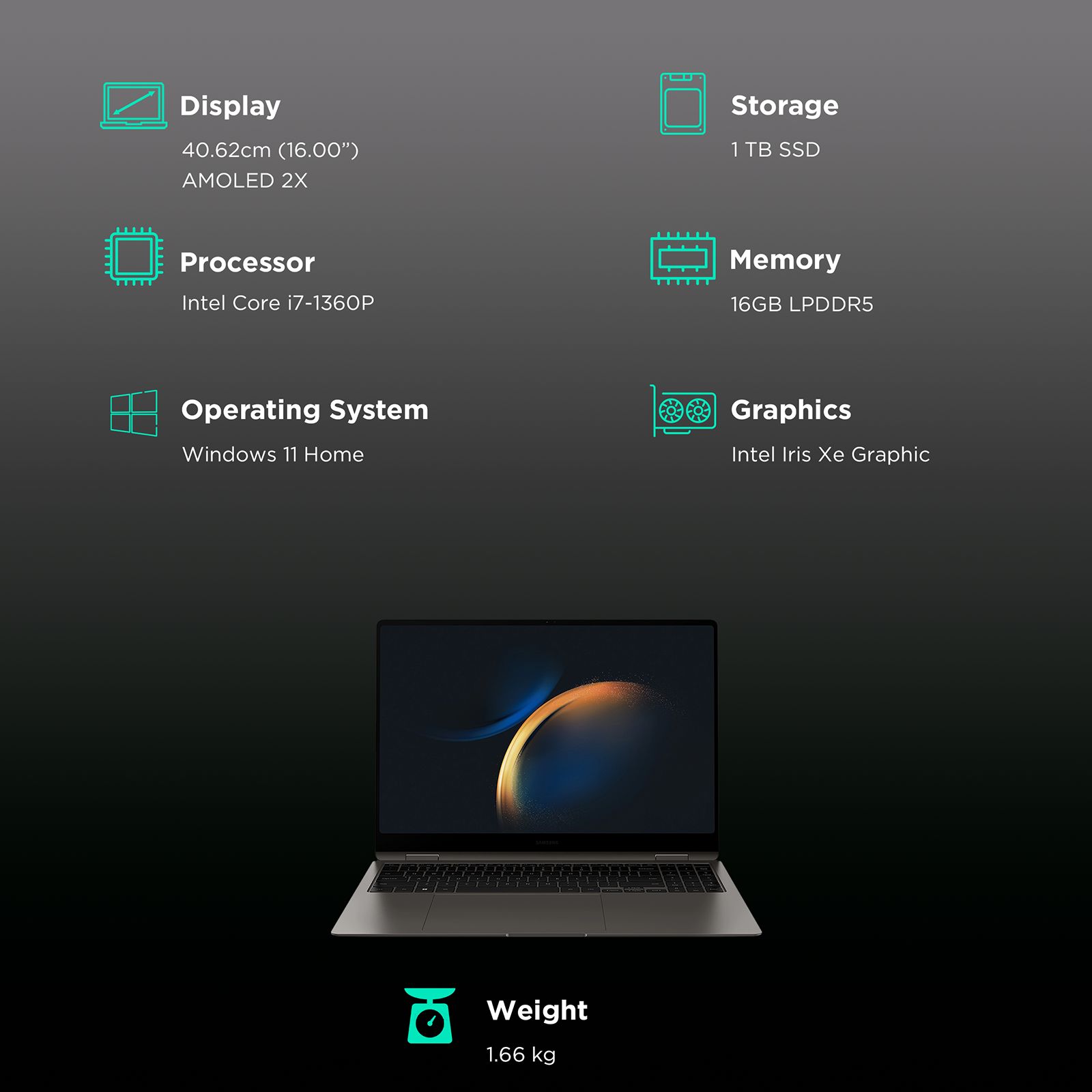 SAMSUNG Galaxy Book 3 Pro 360 Intel Evo Core i7 13th Gen (16 inch, 16GB, 1TB, Windows 11 Home, MS Office 2021, Intel Iris Xe, Amoled Display, Graphite, NP960QFG-KA3IN)_3
