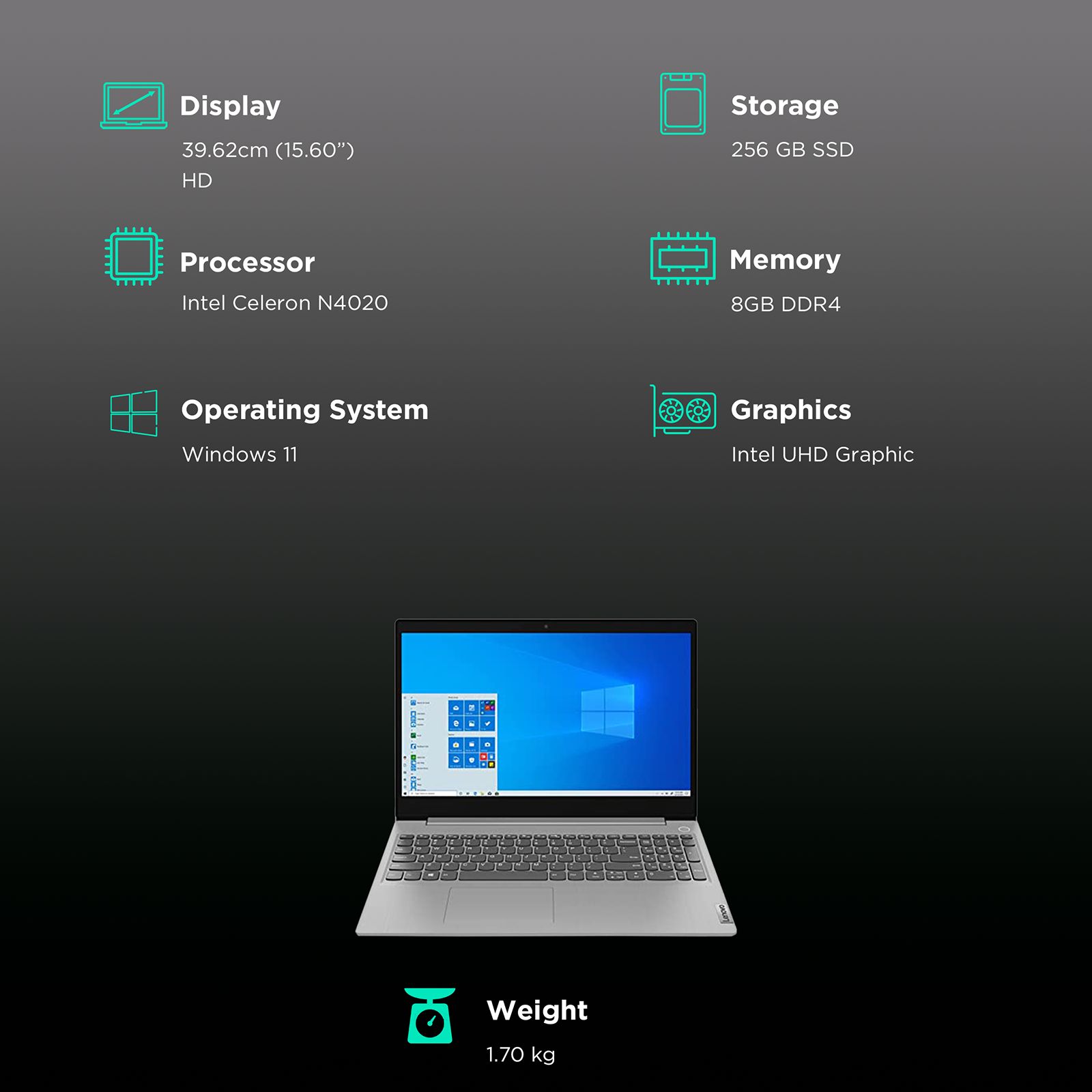 Lenovo IdeaPad Slim 3 Intel Celeron 4th Gen (15.6 inch, 8GB, 256GB, Windows 11, MS Office 2021, Intel UHD Graphics, HD Display, Platinum Grey, 81WQ00NXIN)_3