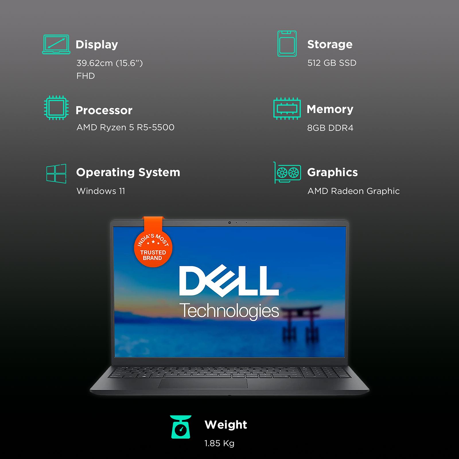 DELL Inspiron 3525 AMD Ryzen 5 5th Gen (15.6 inch, 8GB, 512GB, Windows 11, MS Office 2021, AMD Radeon, FHD Display, Carbon Black, D560926WIN9B)_3