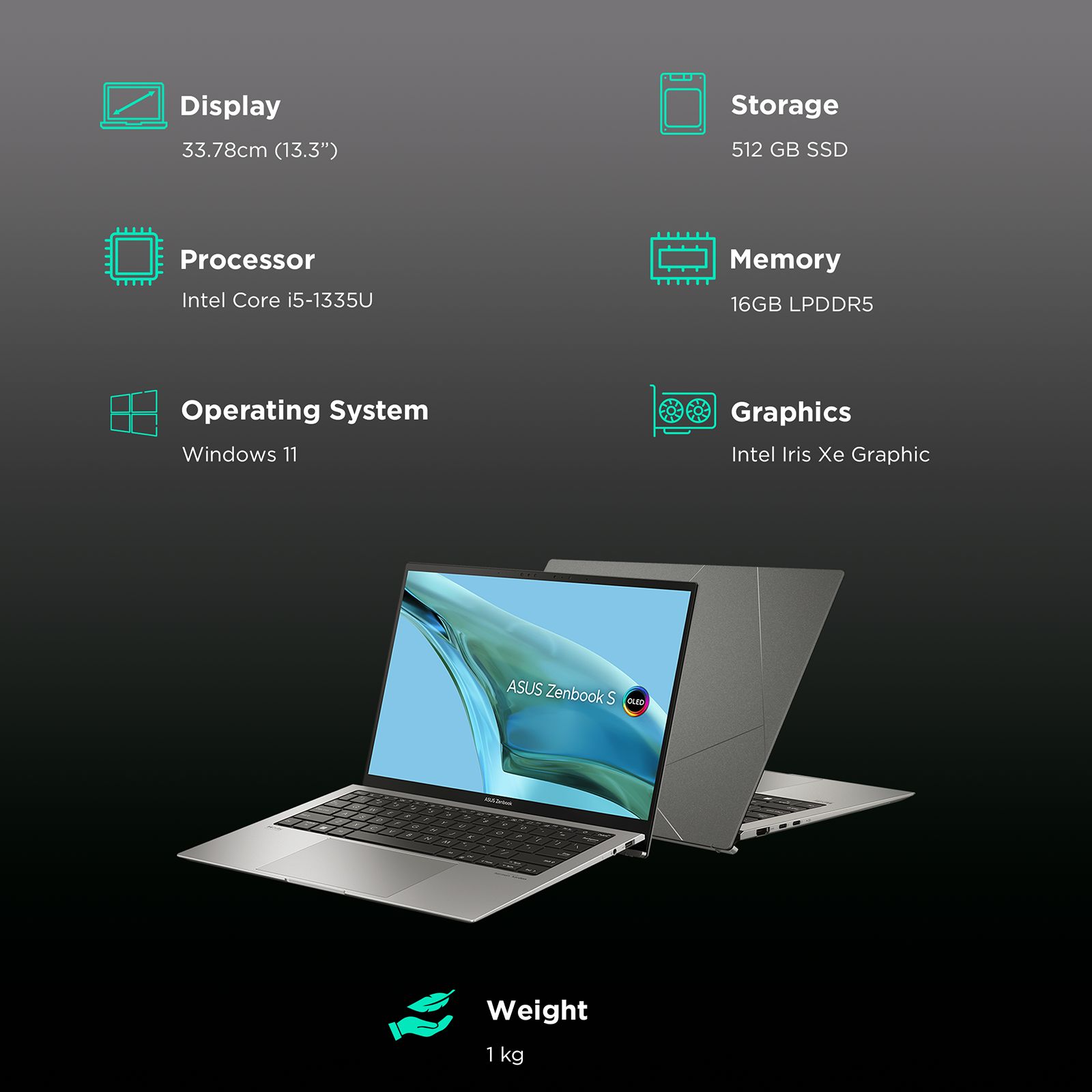 ASUS Zenbook S Intel Evo Core i5 13th Gen (13 inch, 16GB, 512GB, Windows 11, MS Office 2021, Intel Iris Xe Graphics, OLED Display, Basalt Grey, UX5304VA-NQ542WS)_3
