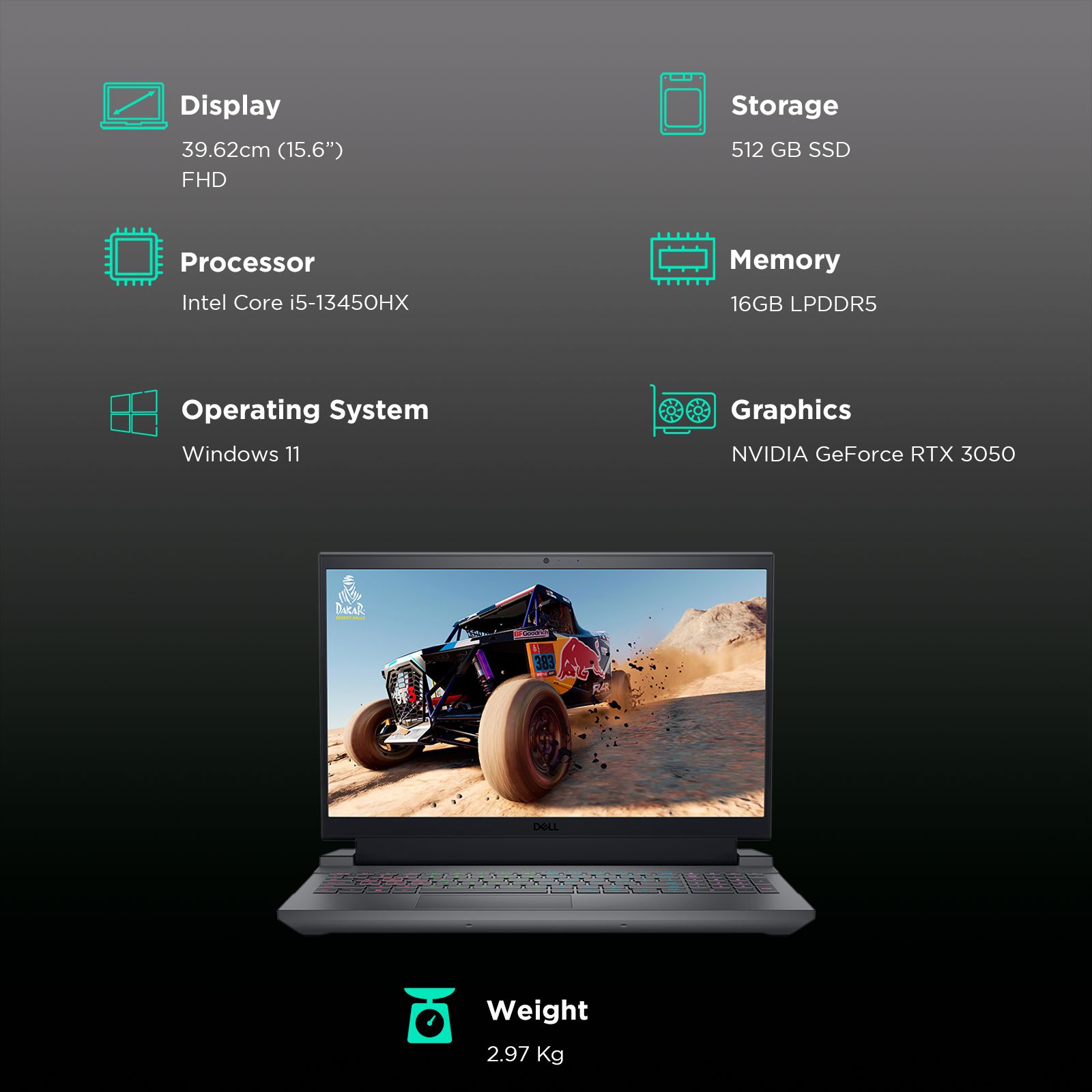 DELL G15-5530 Intel Core i5 13th Gen Gaming Laptop with RGB Keyboard(16GB, 512GB SSD, Windows 11, 6GB Graphics, 15.6 inch 120 Hz FHD Display, MS Office 2021, Dark Shadow Gray, 2.97 KG)_3