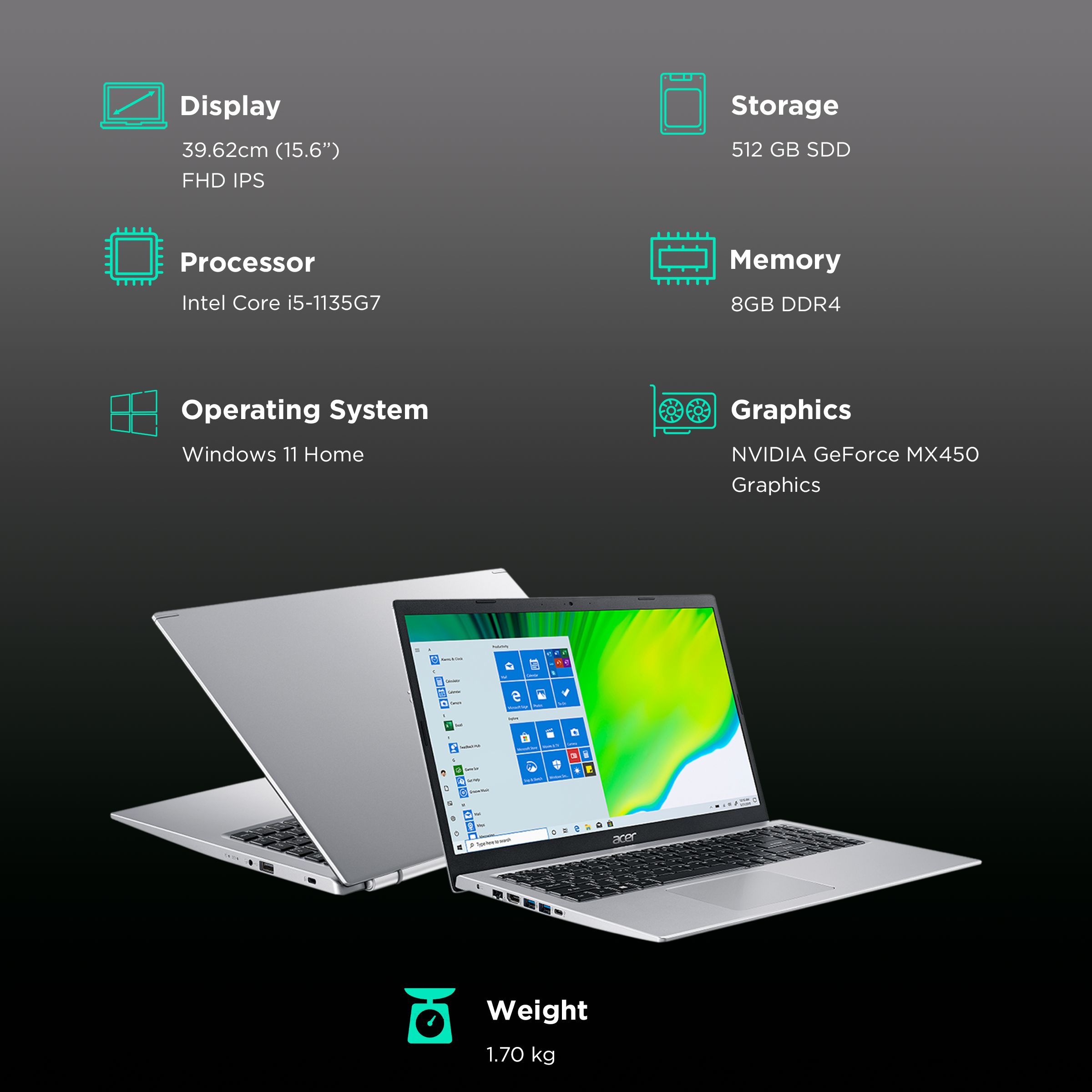 acer Aspire 5 Intel Core i5 11th Gen Thin and Light Laptop (8GB, 512GB SSD, Windows 11 Home, 15.6 inch Full HD IPS Display, MS Office 2021, Pure Silver, 1.7 KG)_3