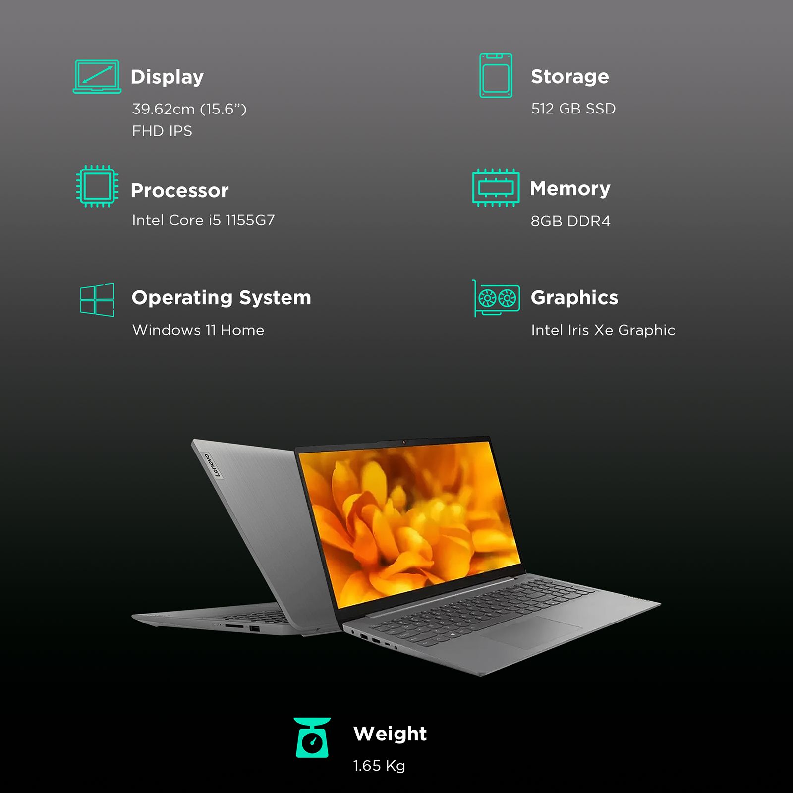 Lenovo IdeaPad 3 15ITL6 Intel Core i5 11th Gen (15.6 inch, 8GB, 512GB, Windows 11 Home, MS Office 2021, Intel Iris Xe Graphics, Full HD IPS Display, Arctic Grey, 82H803LJIN)_3