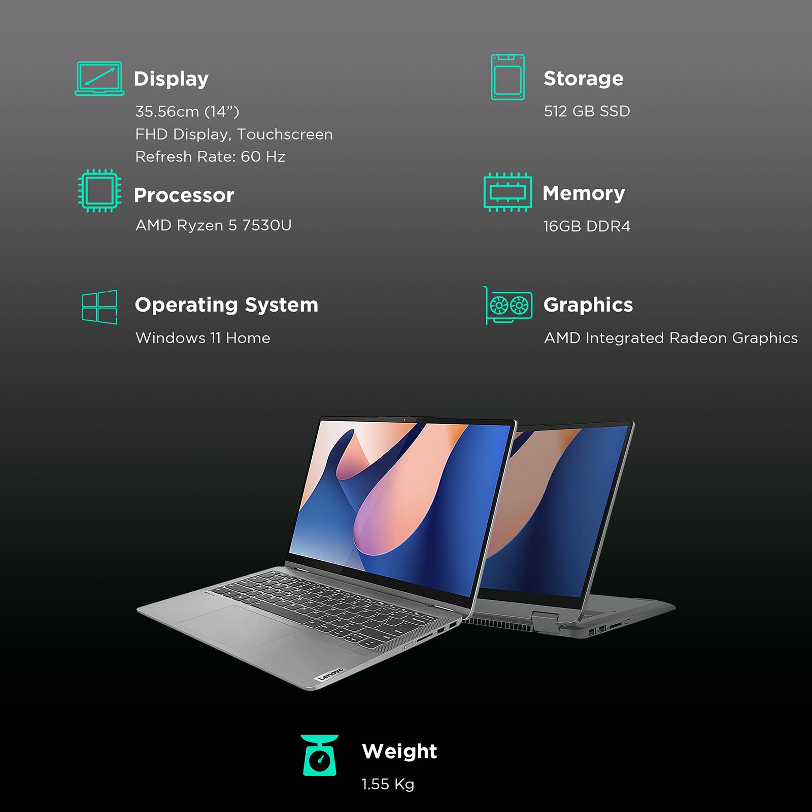 Lenovo IdeaPad Flex 5 14ABR8 AMD Ryzen 5 (14 inch, 16GB, 512GB, Windows 11, MS Office 2021, AMD Radeon, Arctic Grey, 82XX007JIN) Lenovo IdeaPad Flex 5 14ABR8 AMD Ryzen 5 (14 inch, 16GB, 512GB, Windows 11, MS Office 2021, AMD Radeon, Arctic Grey, 82XX007JIN)_3