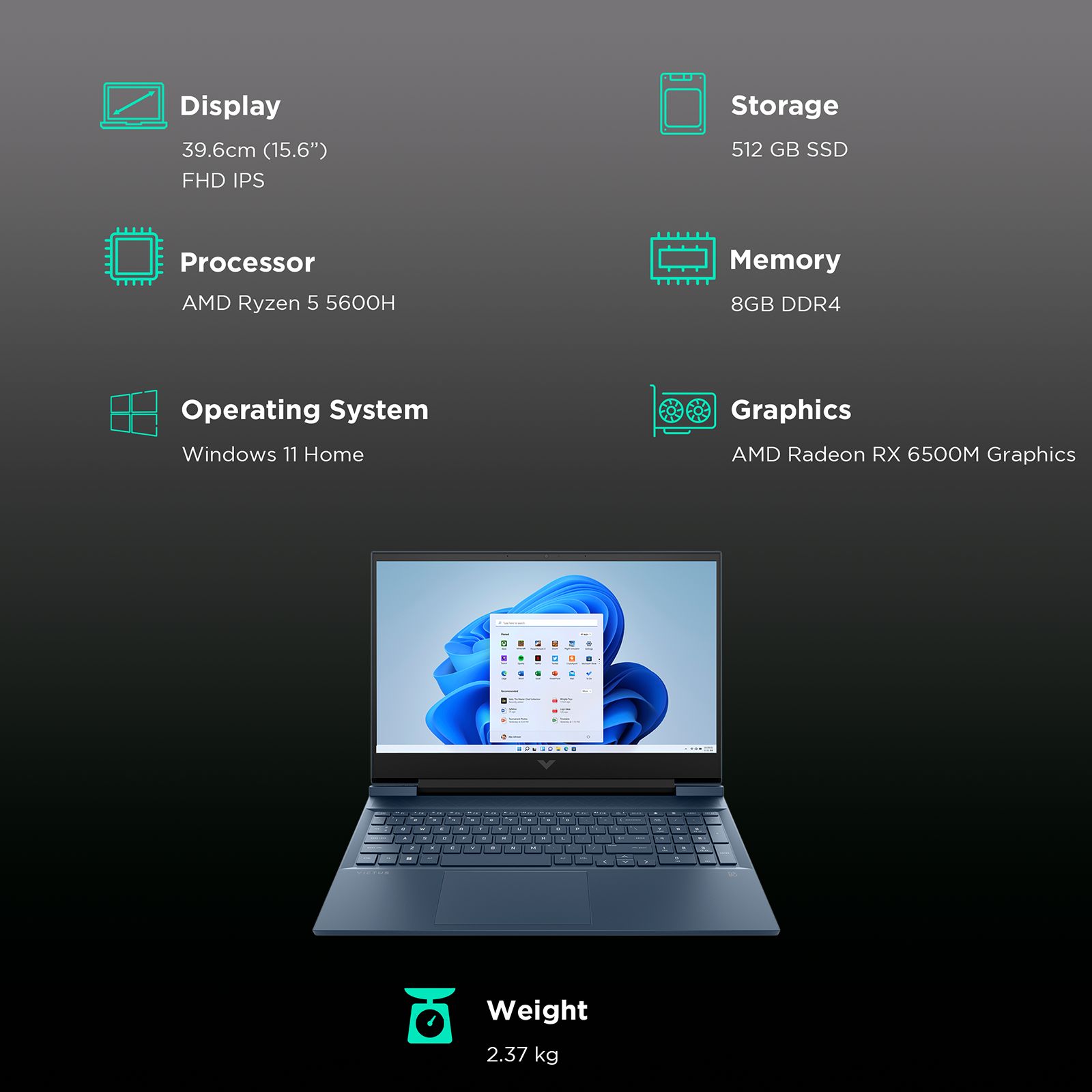 HP Victus 15-fb0153AX AMD Ryzen 5 (15.6 inch, 8GB, 512GB, Windows 11 Home, MS Office 2021, AMD Radeon RX 6500M, FHD IPS Display, Performance Blue, 8H5K2PA)_2