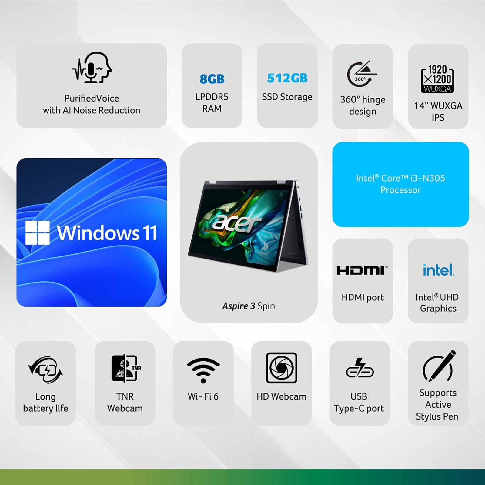 acer Aspire 3 Spin14 Intel Core i3 2-in-1 Laptop (8GB, 512GB SSD, Windows 11 Home, 14 inch WUXGA IPS Display, MS Office 2021, Pure Silver, 1.54 KG) acer Aspire 3 Spin14 Intel Core i3 2-in-1 Laptop (8GB, 512GB SSD, Windows 11 Home, 14 inch WUXGA IPS Display, MS Office 2021, Pure Silver, 1.54 KG)_13