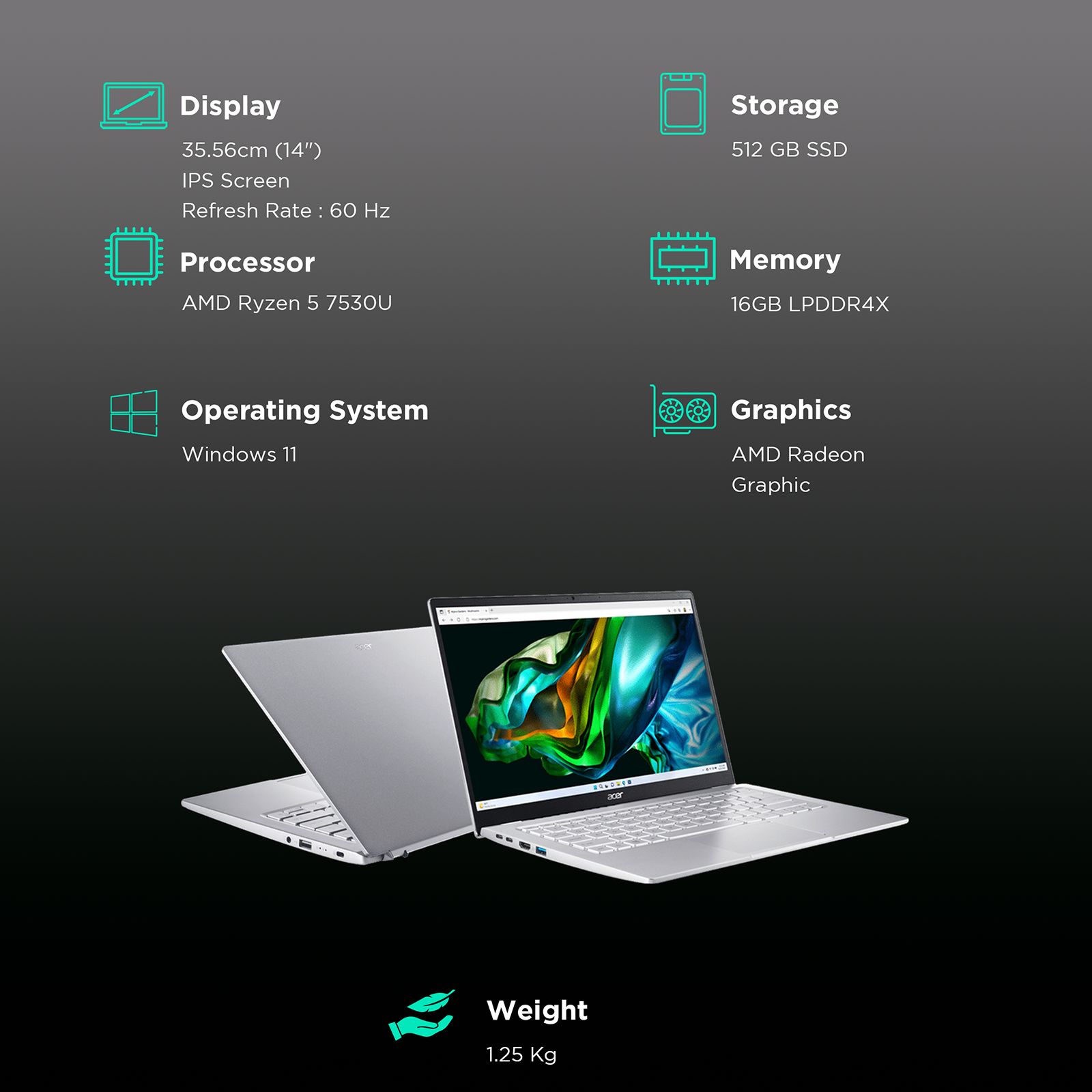acer Swift Go AMD Ryzen 5 Thin and Light Laptop (16GB, 512GB SSD, Windows 11 Home, 14 inch FHD LED Backlit Display, MS Office 2021, Pure Silver, 1.25 KG)_2