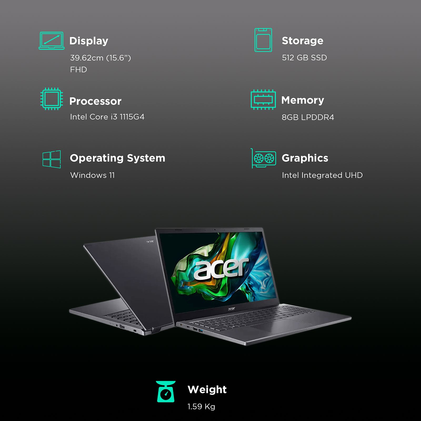 acer Aspire Lite Intel Core i3 11th Gen Thin and Light Laptop (8GB, 512GB SSD, Windows 11 Home, 15.6 inch FHD Display, Steel Gray, 1.59 KG) acer Aspire Lite Intel Core i3 11th Gen Thin and Light Laptop (8GB, 512GB SSD, Windows 11 Home, 15.6 inch FHD Display, Steel Gray, 1.59 KG)_3
