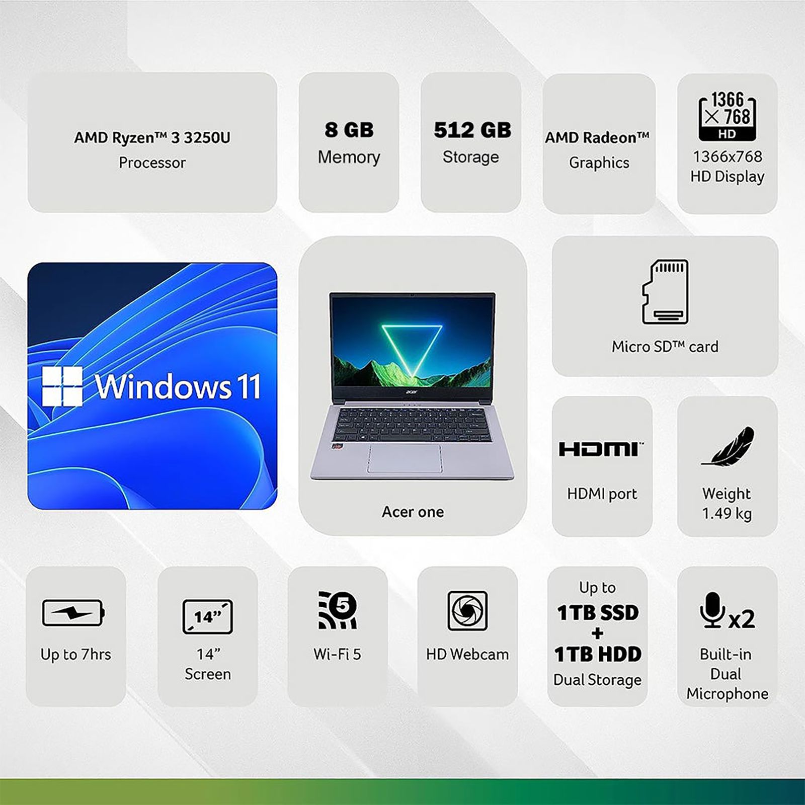 acer One Z2-493 AMD Ryzen 3 Thin and Light Laptop (8GB, 512GB SSD, Windows 11 Home, 14 inch HD Display, MS Office 2021, Rose Gold, 1.6 KG)_9