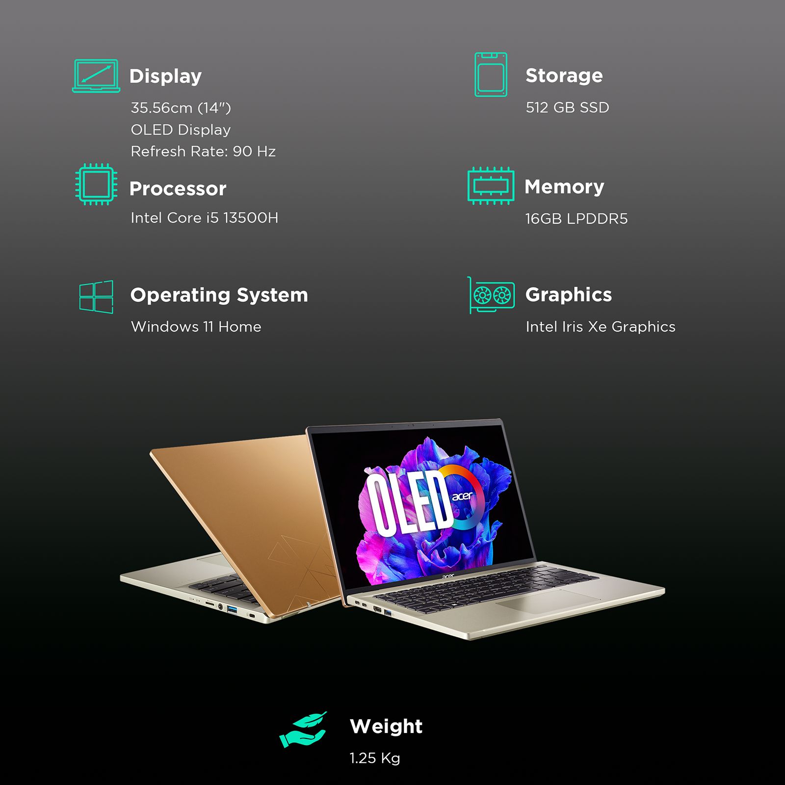 acer Swift Go Intel Core i5 13th Gen (14 inch, 16GB, 512GB, Windows 11 Home, MS Office 2021, Intel Iris Xe, OLED Display, Sunshiny Gold, NXKPZSI002) acer Swift Go Intel Core i5 13th Gen (14 inch, 16GB, 512GB, Windows 11 Home, MS Office 2021, Intel Iris Xe, OLED Display, Sunshiny Gold, NXKPZSI002)_3