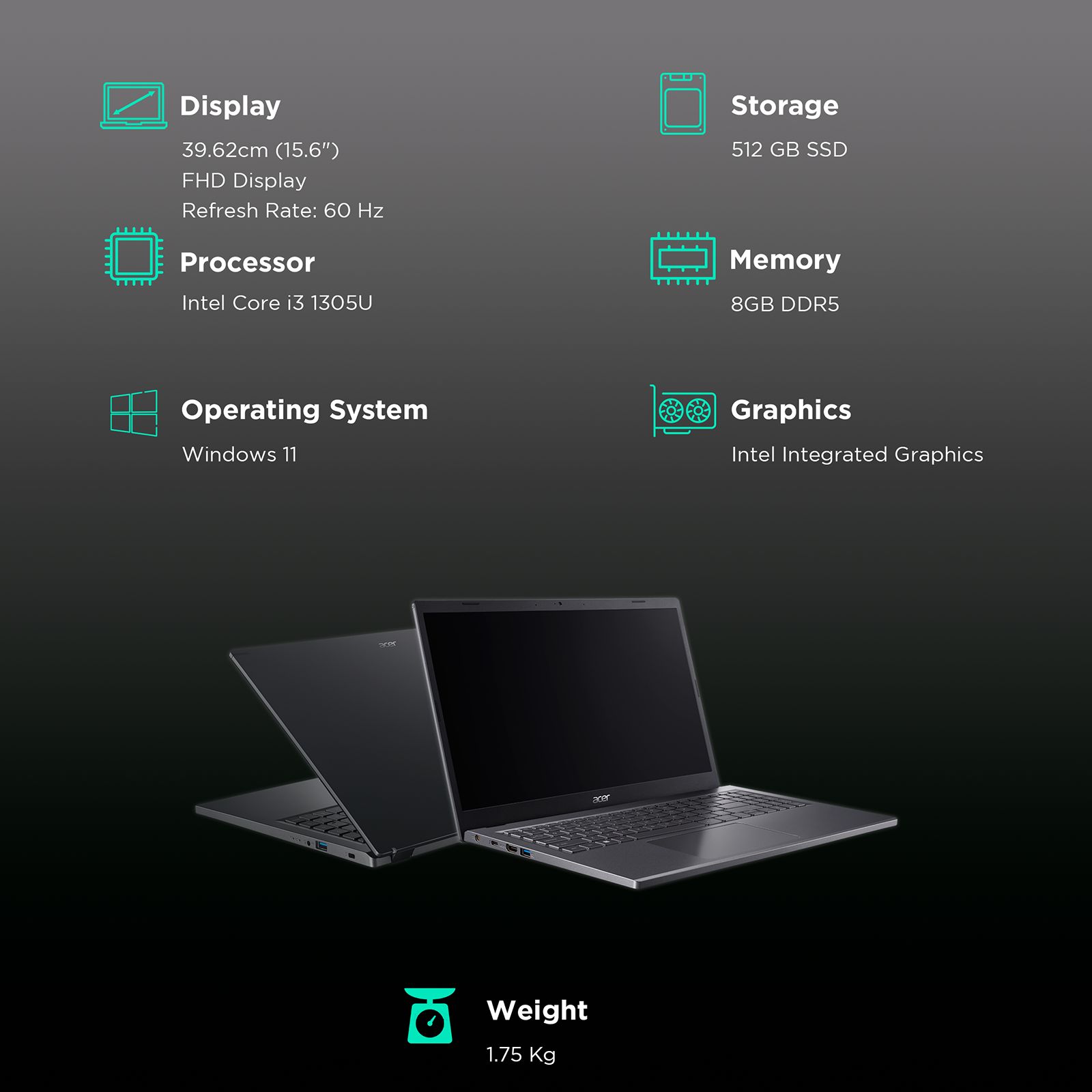 acer Aspire 5 A515-58M Intel Core i3 13th Gen Thin and Light Laptop (8GB, 512GB SSD, Windows 11 Home, 15.6 inch FHD Display, MS Office 2021, Steel Grey, 1.75 KG)_3