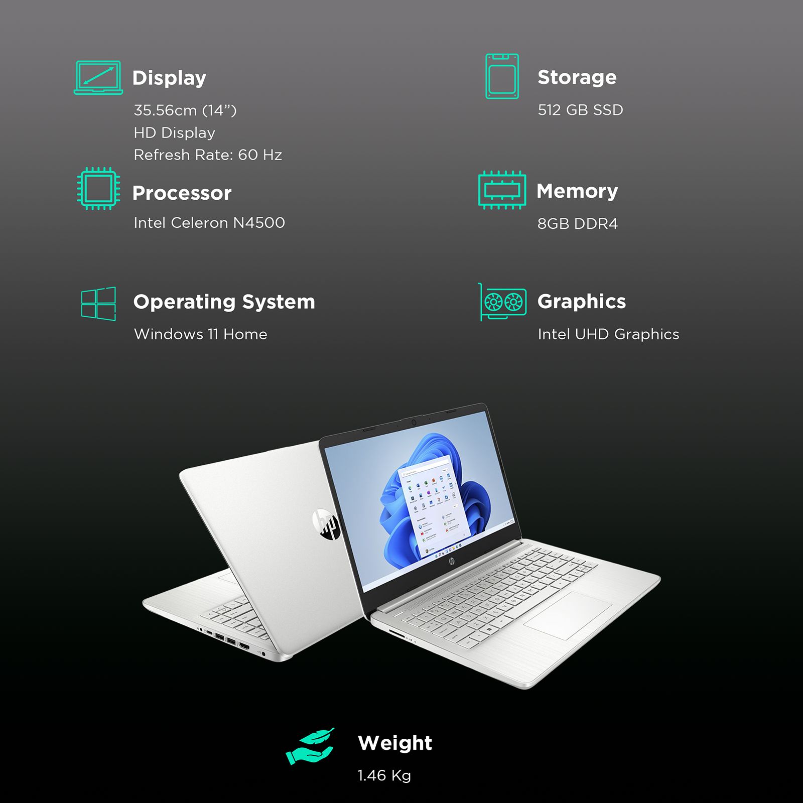 HP dr3002TU Intel Celeron (14 inch, 8GB, 512GB, Windows 11 Home, Intel UHD, HD Display, Silver, 14s-dr3002TU) HP dr3002TU Intel Celeron (14 inch, 8GB, 512GB, Windows 11 Home, Intel UHD, HD Display, Silver, 14s-dr3002TU)_2