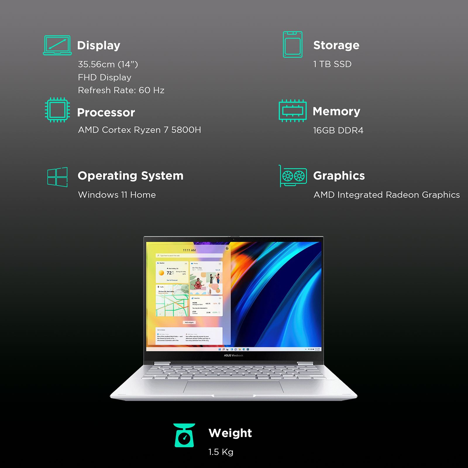 ASUS Vivobook S Flip AMD Ryzen 7 2-in-1 Laptop (16GB, 1TB SSD, Windows 11 Home, 14 inch FHD Display, MS Office 2021, Cool Silver, 1.5 KG)_3