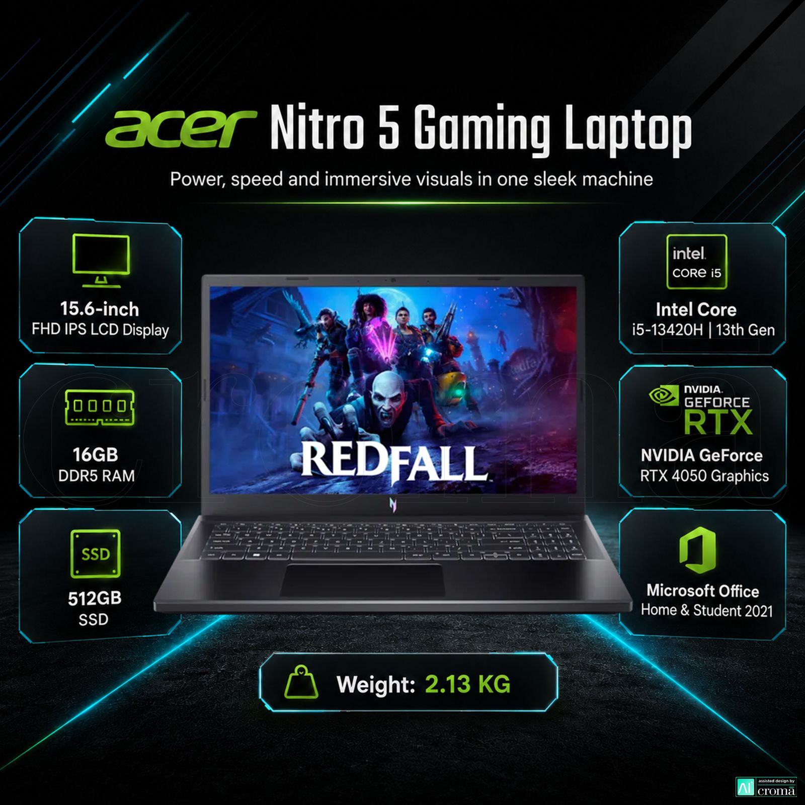 acer Nitro 5 Intel Core i5 13th Gen Gaming Laptop (16GB, 512GB, Windows 11 Home, 6GB Graphics, 15.6 inch 144 Hz FHD IPS Display, NVIDIA GeForce RTX 4050, MS Office 2021, Obsidian Black, 2.13 KG) acer Nitro 5 Intel Core i5 13th Gen Gaming Laptop (16GB, 512GB, Windows 11 Home, 6GB Graphics, 15.6 inch 144 Hz FHD IPS Display, NVIDIA GeForce RTX 4050, MS Office 2021, Obsidian Black, 2.13 KG)_2