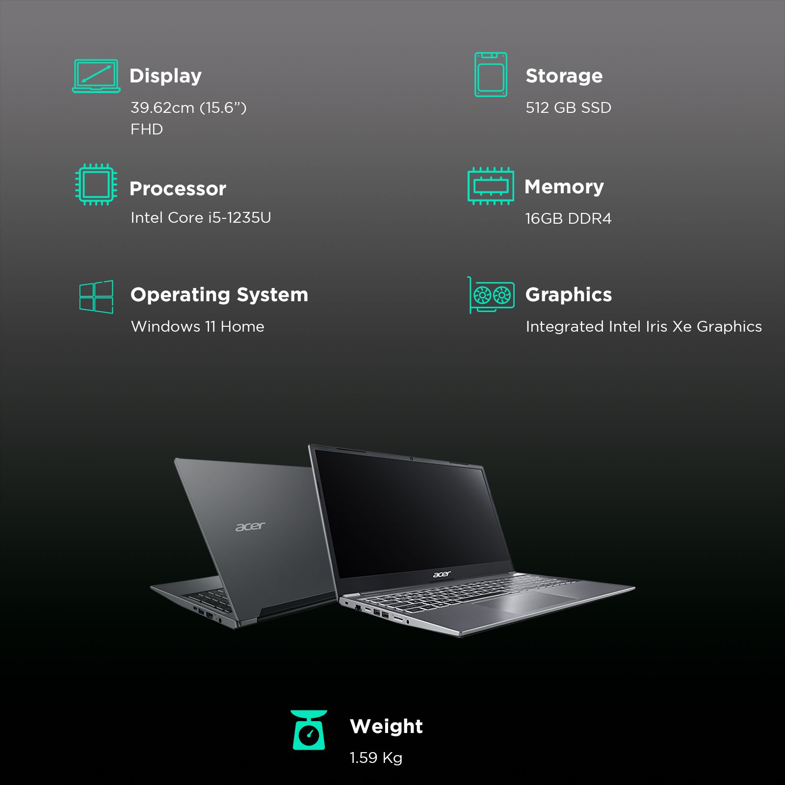 acer Aspire Lite Intel Core i5 12th Gen Thin and Light Laptop (16GB, 512GB SSD, Windows 11, 15.6 inch Full HD Display, MS Office 2021, Steel Gray, 1.59 KG)_3