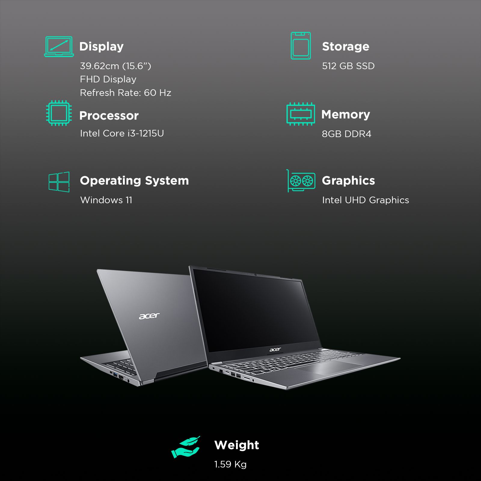 acer Aspire Lite Intel Core i3 12th Gen Laptop (8GB, 512GB SSD, Windows 11 Home, 15.6 inch LED Backlit Display, Steel Gray, 1.59 KG)_3