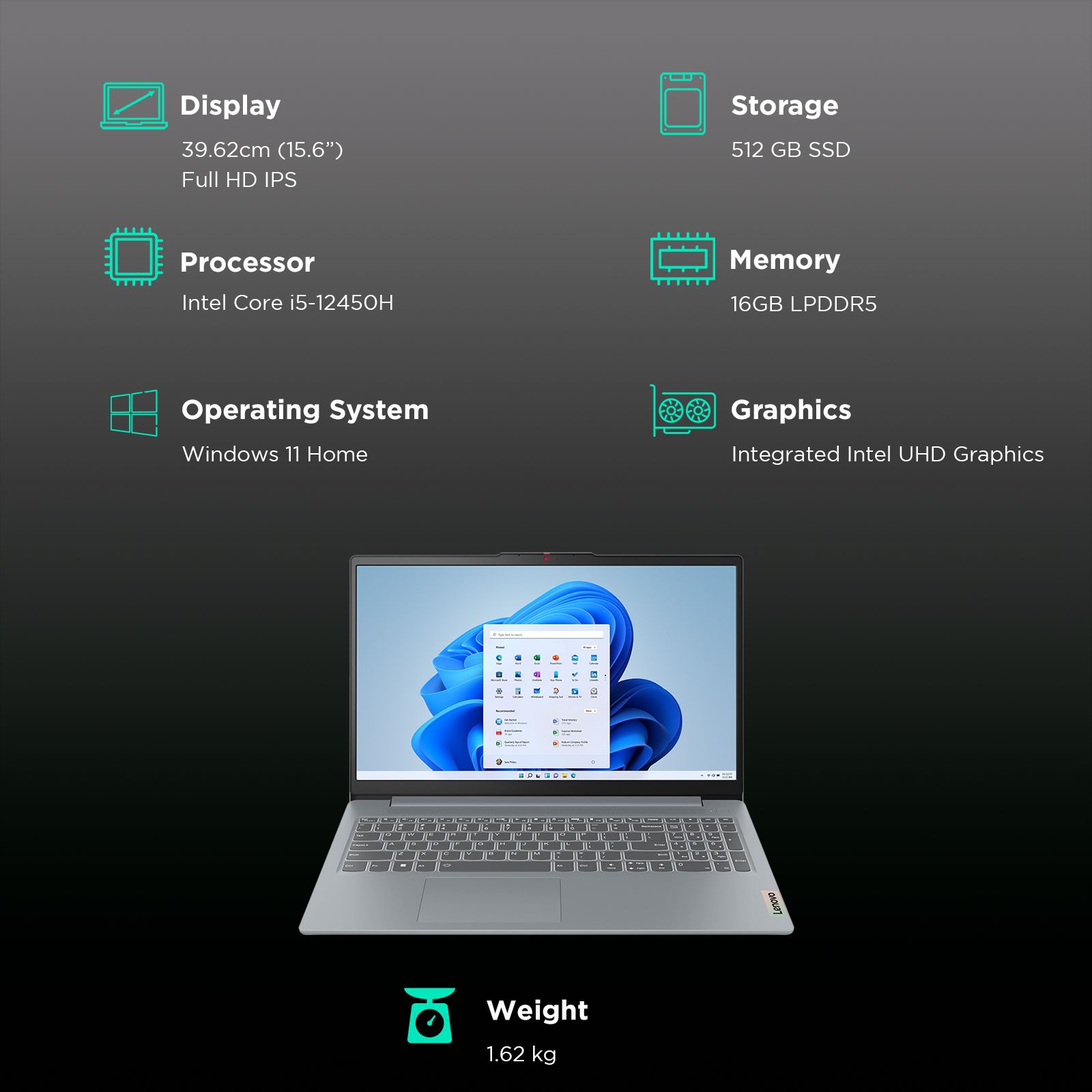 Lenovo IdeaPad Slim 3 15IAH8 Intel Core i5 12th Gen Laptop (16GB, 512GB SSD, Windows 11 Home, 15.6 inch Full HD IPS Display, MS Office 2021, Arctic Grey, 1.62 KG)_3