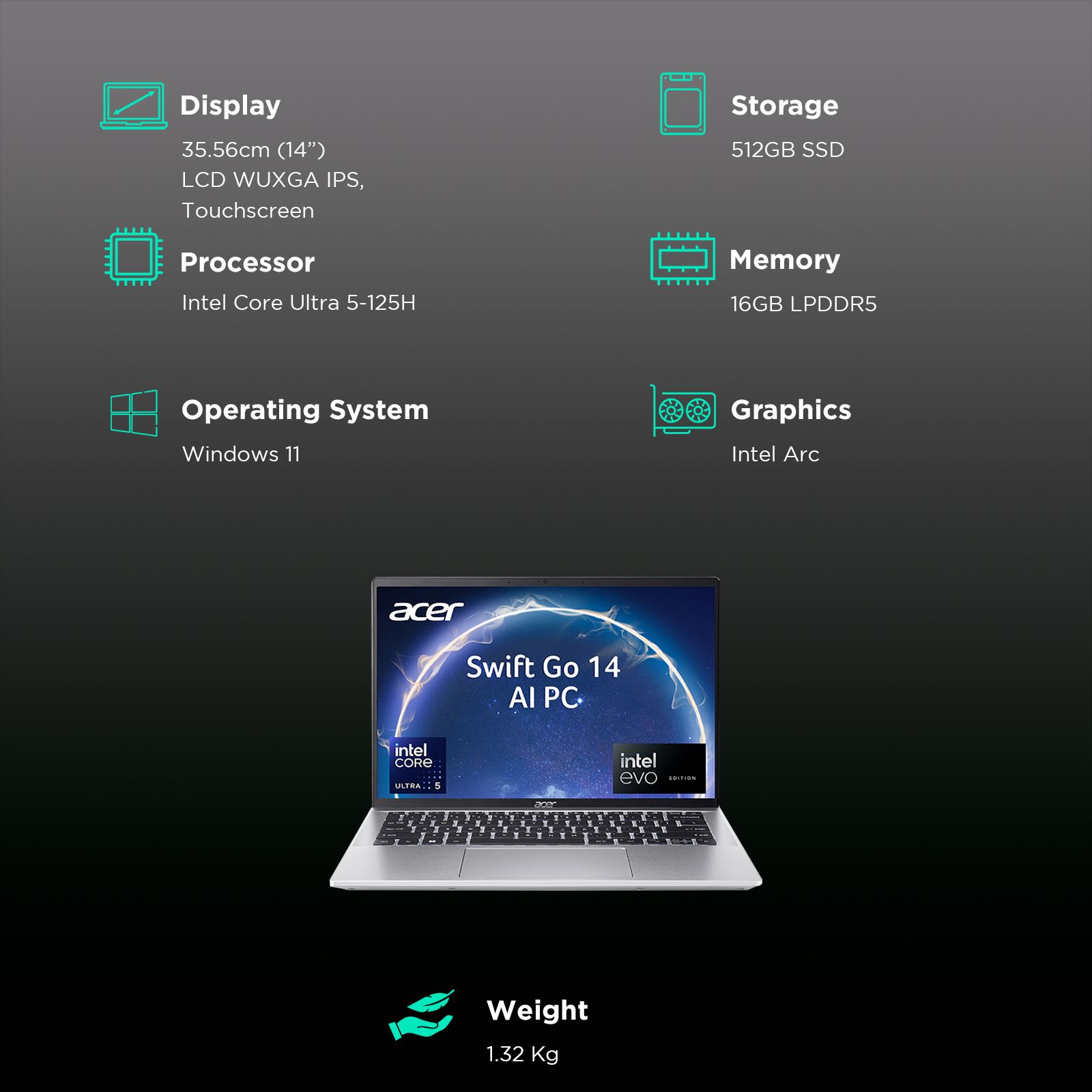 acer Swift Go 14 Intel Core Ultra 5 Touchscreen Thin and Light Laptop (16GB, 512GB SSD, Windows 11 Home, 14 inch WUXGA IPS Display, MS Office, Pure Silver, 1.32 KG)_3