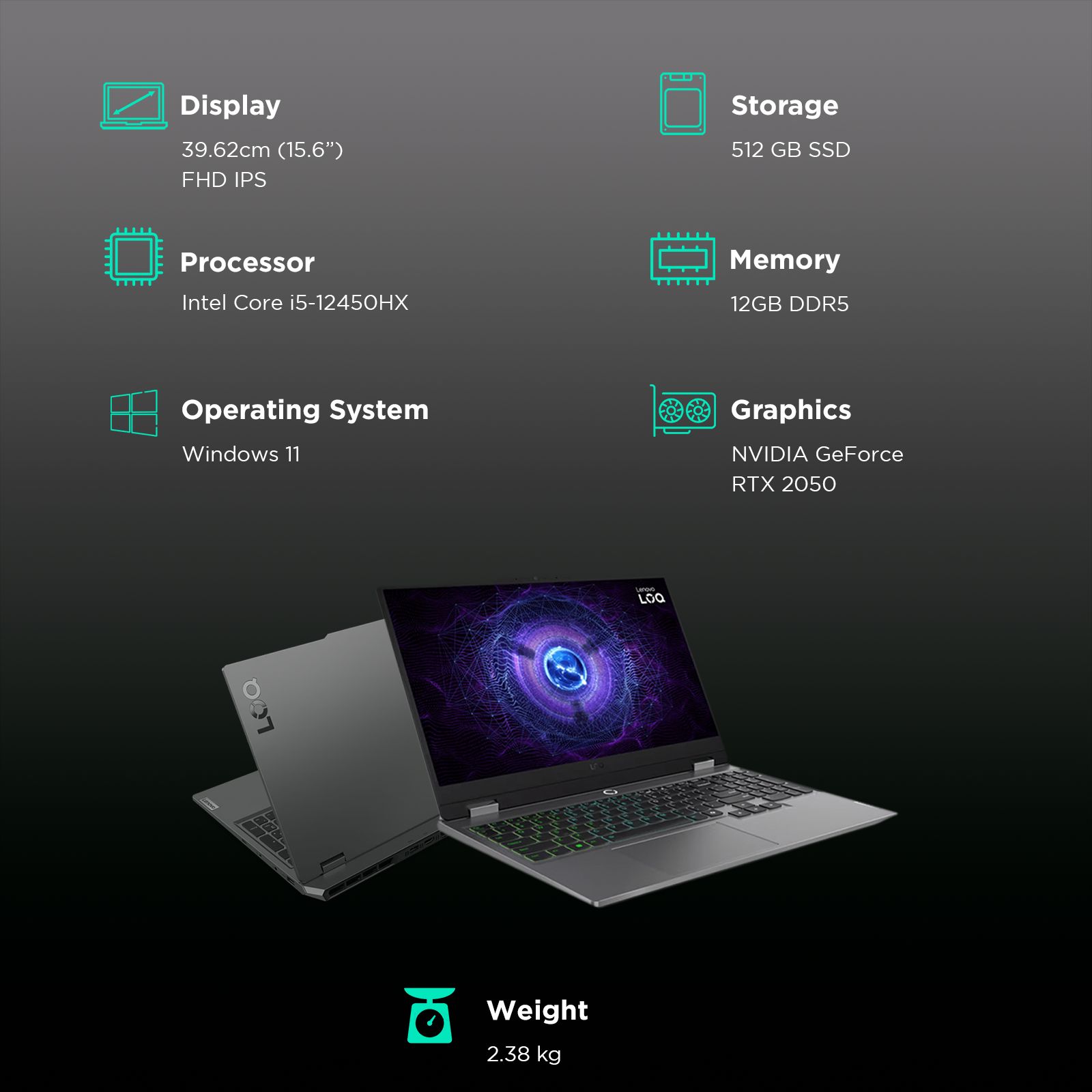 Lenovo LOQ 15IAX9 Intel Core i5 12th Gen Gaming Laptop (12GB, 512GB SSD, Windows 11 Home, 4GB Graphics, 15.6 inch 144 Hz Full HD IPS Display, NVIDIA GeForce RTX 2050, MS Office Home & Student, Luna Grey, 2.38 KG)_3