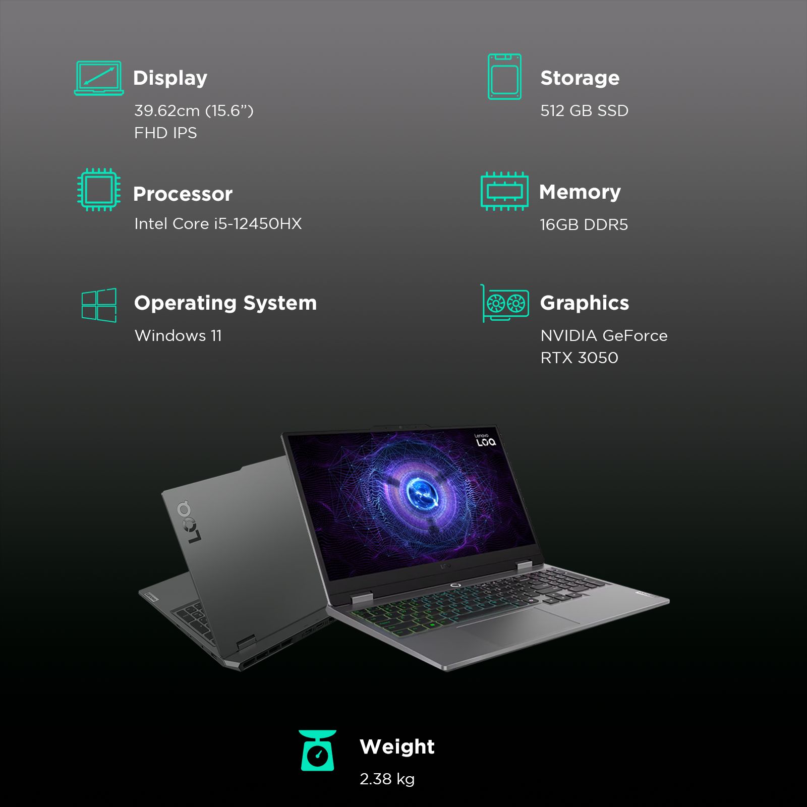 Lenovo LOQ 15IAX9 Intel Core i5 12th Gen Gaming Laptop (16GB, 512GB SSD, Windows 11 Home, 6GB Graphics, 15.6 inch 144 Hz Full HD IPS Display, NVIDIA GeForce RTX 3050, MS Office Home & Student 2021, Luna Grey, 2.38 KG)_3