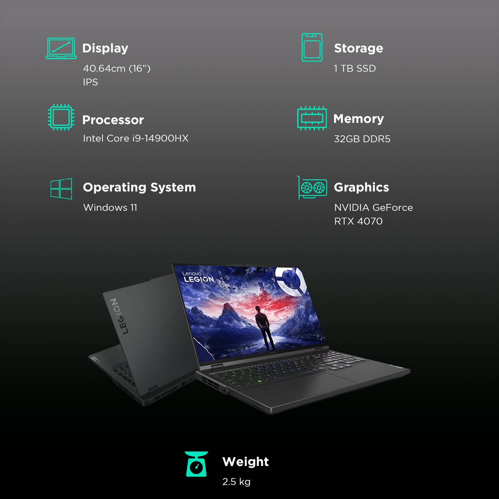 Lenovo Legion Pro 5i Intel Core i9 14th Gen Gaming Laptop (32GB, 1TB SSD, Windows 11 Home, 8GB Graphics, 16 inch 240 Hz WQXGA IPS Display, NVIDIA GeForce RTX 4070, MS Office 365, Onyx Grey, 2.5 KG)_3