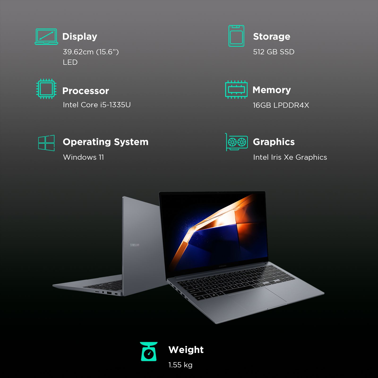 SAMSUNG Galaxy Book4 Intel Core i5 13th Gen Thin & Light Laptop (16GB, 512GB SSD, Windows 11 Home, 15.6 inch Full HD LED Display, MS Office 2021, Grey, 1.55 KG)_3
