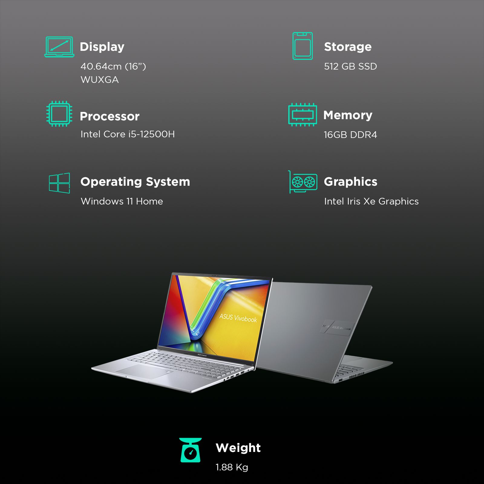 ASUS Vivobook 16 X1605ZAC-MB540WS Intel Core i5 12th Gen Thin & Light Laptop (16GB, 512GB SSD, Windows 11 Home, 16 inch WUXGA Display, MS Office Home and Student 2021, Transparent Silver, 1.88 KG)_3