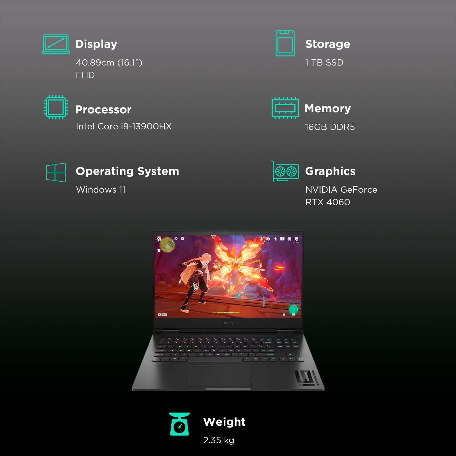 HP Omen 16 wf0148TX Intel Core i9 13th Gen Gaming Laptop (16GB, 1TB SSD, Windows 11, 8GB Graphics, 16.1 inch 165 Hz FHD Display, NVIDIA GeForce RTX 4060, MS Office 2021, Shadow Black, 2.35 KG)_3