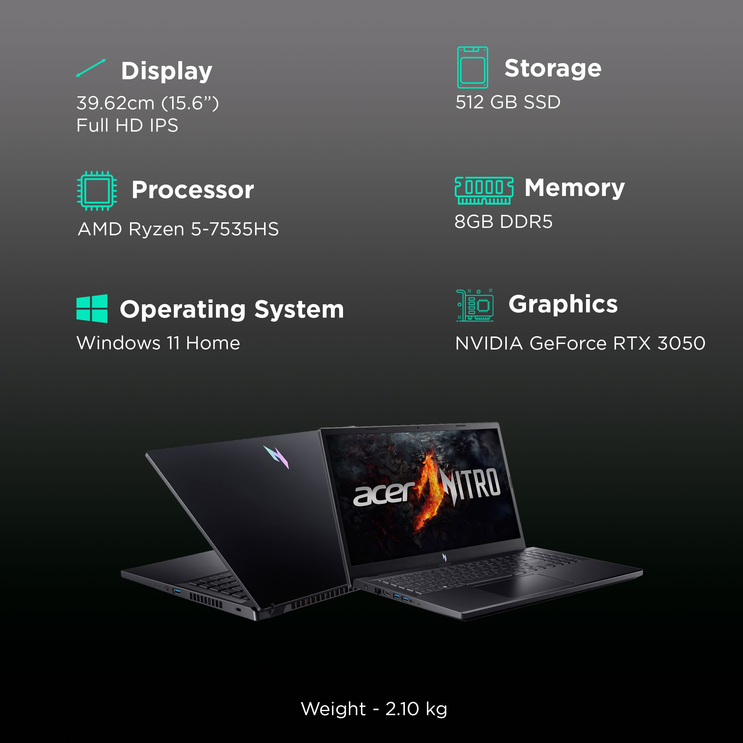 acer NITRO V ANV15-41-R2VD AMD Ryzen 5 Gaming Laptop (8GB, 512GB SSD, Windows 11 Home, 6GB Graphics, 15.6 inch 144 Hz Full HD IPS LED Display, NVIDIA GeForce RTX 3050, MS Office 21, Obsidian Black, 2.1 KG)_3