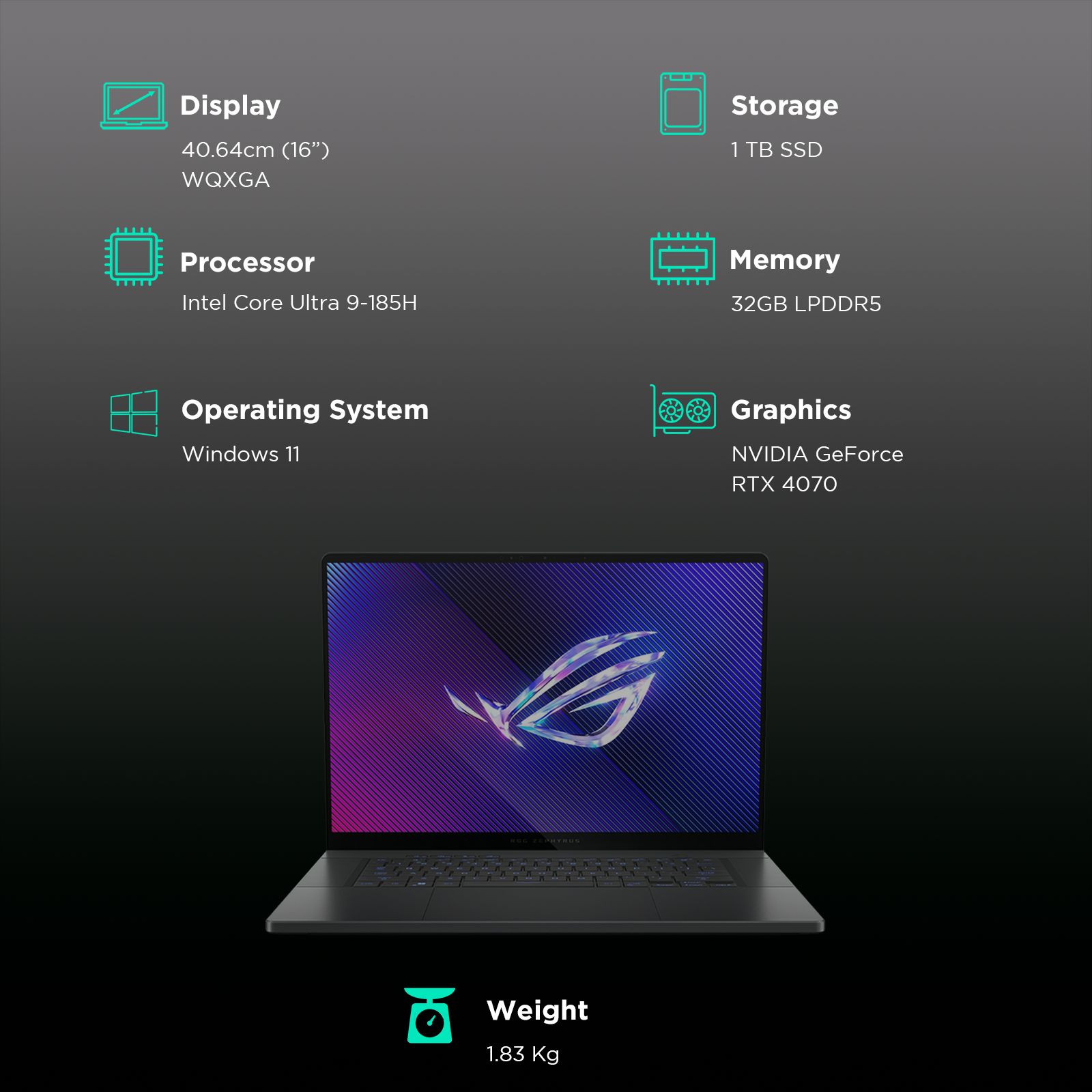 ASUS ROG Zephyrus G16 GU605MI-QP253WS Intel Core Ultra 9 Gaming Laptop (32GB, 1TB SSD, Windows 11 Home, 8GB Graphics, 16 inch 240 Hz 2.5K WQXGA IPS Display, NVIDIA GeForce RTX 4070, MS Office Home and Student 2021, Eclipse Gray, 1.85 KG)_3