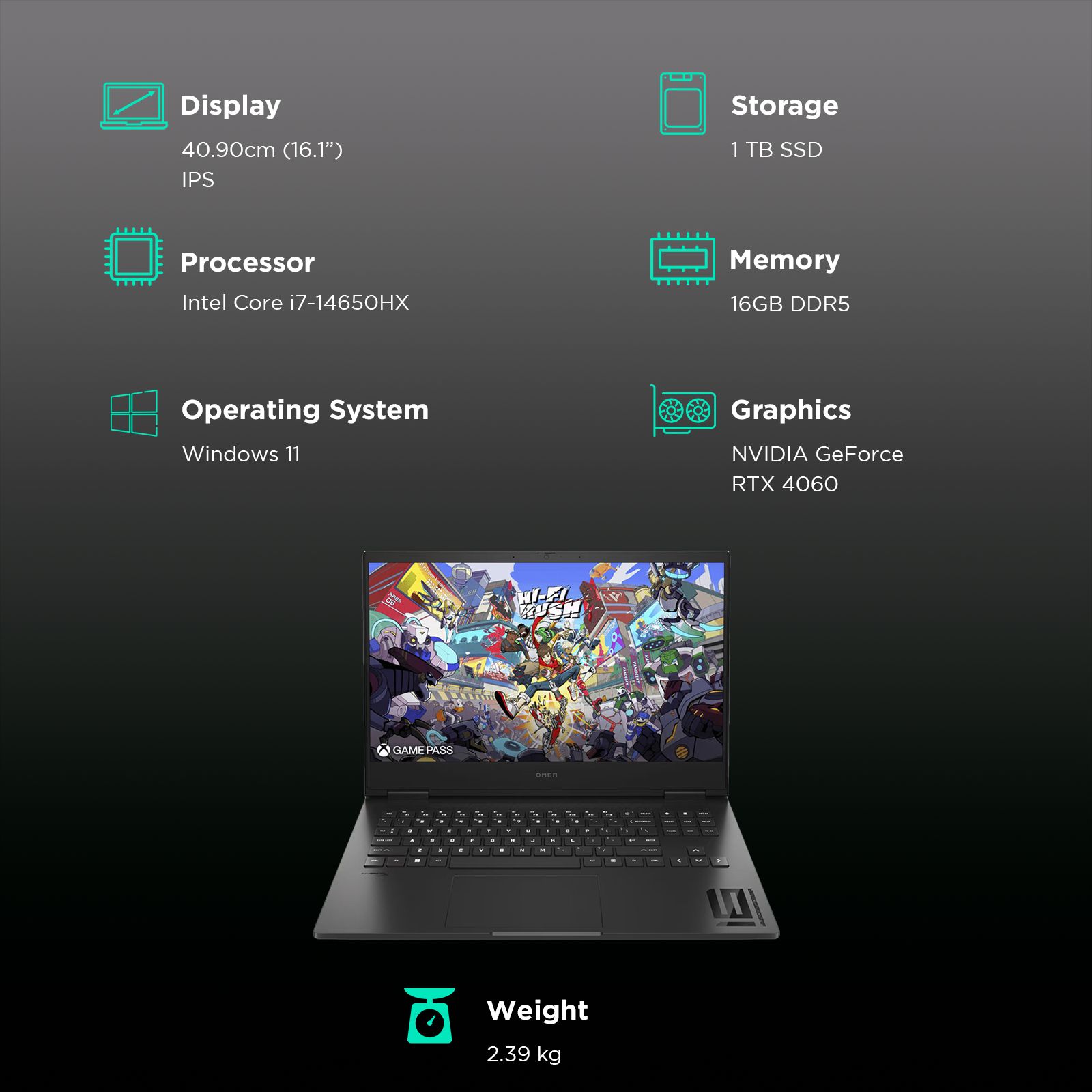 HP Omen 16 wf1096TX Intel Core i7 14th Gen Gaming Laptop (16GB, 1TB SSD, Windows 11 Home, 8GB Graphics,16.1 inch FHD Display, Shadow Black, 2.39 KG)_3