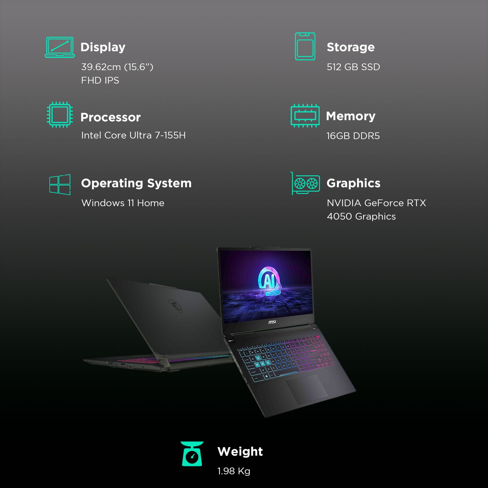 MSI Cyborg 15 AI A1VEK 096IN Intel Core Ultra 7 Gaming Laptop (16GB, 512GB SSD, Windows 11 Home, 6GB Graphics, 15.6 inch 144 Hz FHD Display, NVIDIA GeForce RTX 4050, MS Office Home & Student 2021, Translucent Black, 1.98 KG) MSI Cyborg 15 AI A1VEK 096IN Intel Core Ultra 7 Gaming Laptop (16GB, 512GB SSD, Windows 11 Home, 6GB Graphics, 15.6 inch 144 Hz FHD Display, NVIDIA GeForce RTX 4050, MS Office Home & Student 2021, Translucent Black, 1.98 KG)_3