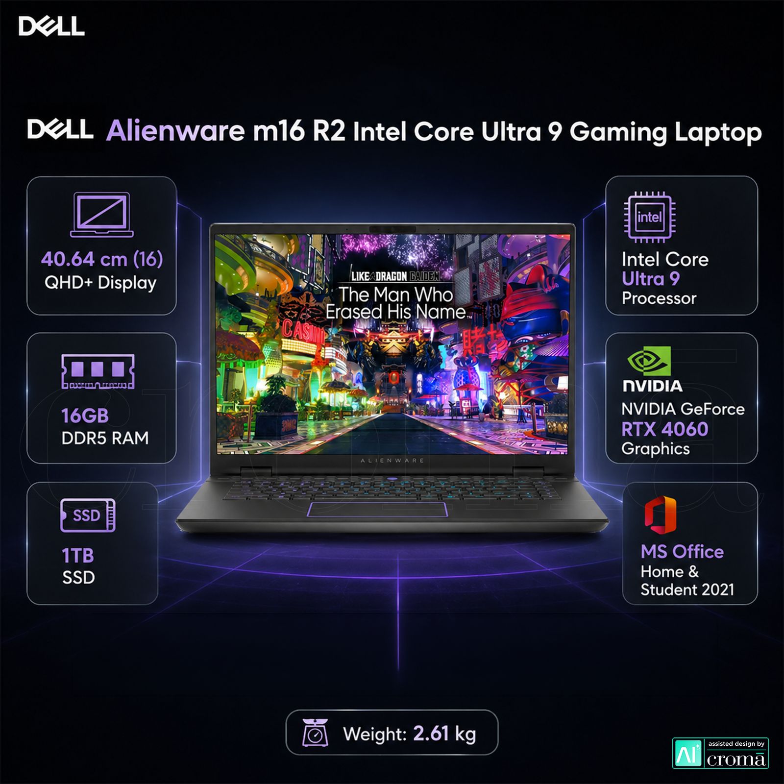 DELL Alienware m16 R2 Intel Core Ultra 9 Gaming Laptop (16GB, 1TB SSD, Windows 11 Home, 8GB Graphics, 16 inch 240 Hz QHD Plus Display, NVIDIA GeForce RTX 4060, MS Office Home & Student 2021, Dark Metallic Moon, 2.61 KG) DELL Alienware m16 R2 Intel Core Ultra 9 Gaming Laptop (16GB, 1TB SSD, Windows 11 Home, 8GB Graphics, 16 inch 240 Hz QHD Plus Display, NVIDIA GeForce RTX 4060, MS Office Home & Student 2021, Dark Metallic Moon, 2.61 KG)_2