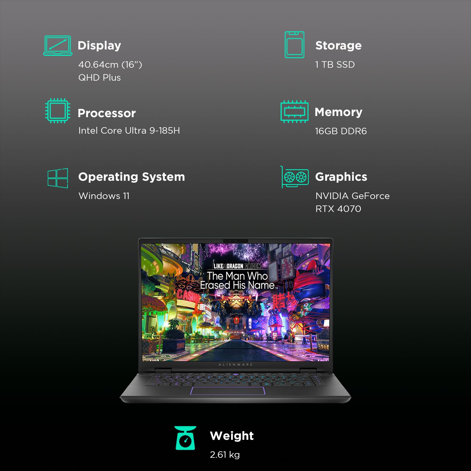 DELL Alienware m16 R2 Intel Core Ultra 9 Gaming Laptop (16GB, 1TB SSD, Windows 11 Home, 8GB Graphics, 16 inch 240 Hz QHD Plus Display, NVIDIA GeForce RTX 4070, MS Office Home & Student 2021, Dark Metallic Moon, 2.61 KG)_3