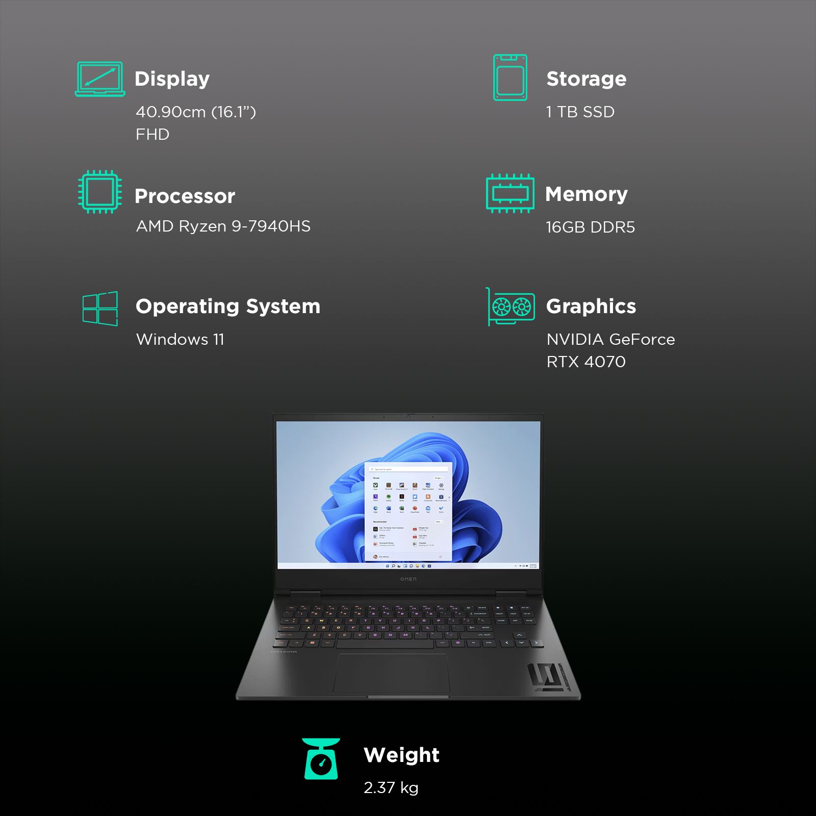 HP Omen 16 xf0100AX AMD Ryzen 9 Gaming Laptop (16GB, 1TB SSD, Windows 11 Home, 8GB Graphics, 16.1 inch 165 Hz FHD Display, NVIDIA GeForce RTX 4070, MS Office 2021, Shadow Black, 2.37 KG)_3