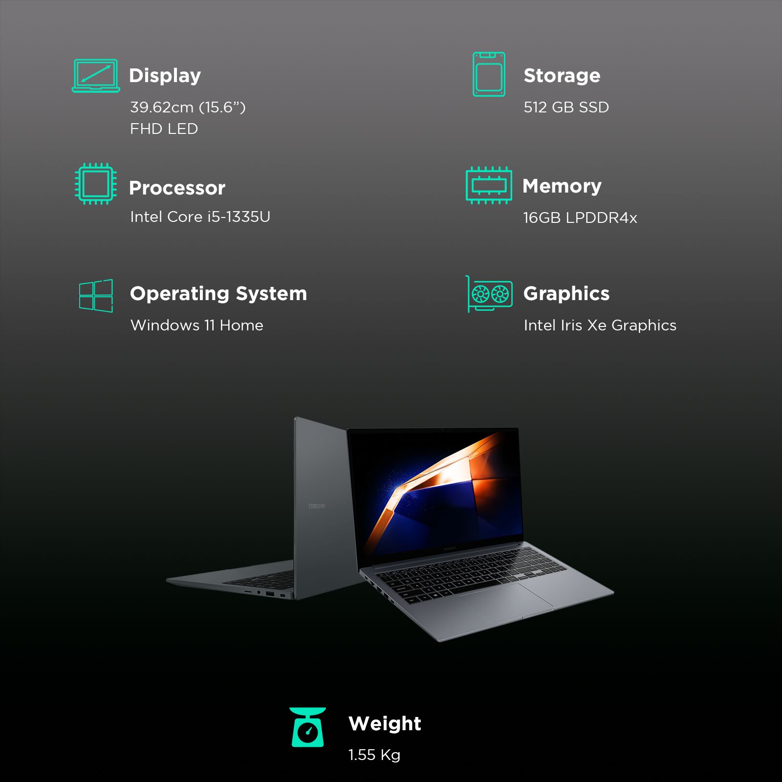 SAMSUNG Galaxy Book4 Intel Core i5 13th Gen Thin & Light Laptop (16GB, 512GB SSD, Windows 11 Home, 15.6 inch Full HD LED Display, MS Office 2021, Gray, 1.55 KG)_3