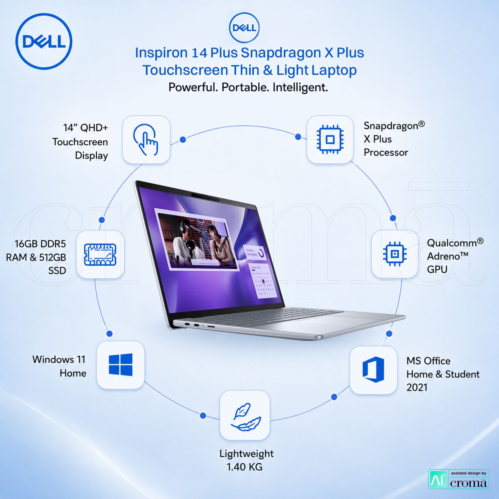 DELL Inspiron 14 Plus Snapdragon X Plus Touchscreen Thin & Light Laptop (16GB, 512GB SSD, Windows 11 Home, 14 inch QHD Plus IPS Display, MS Office 2021, Ice Blue, 1.40 KG)_2