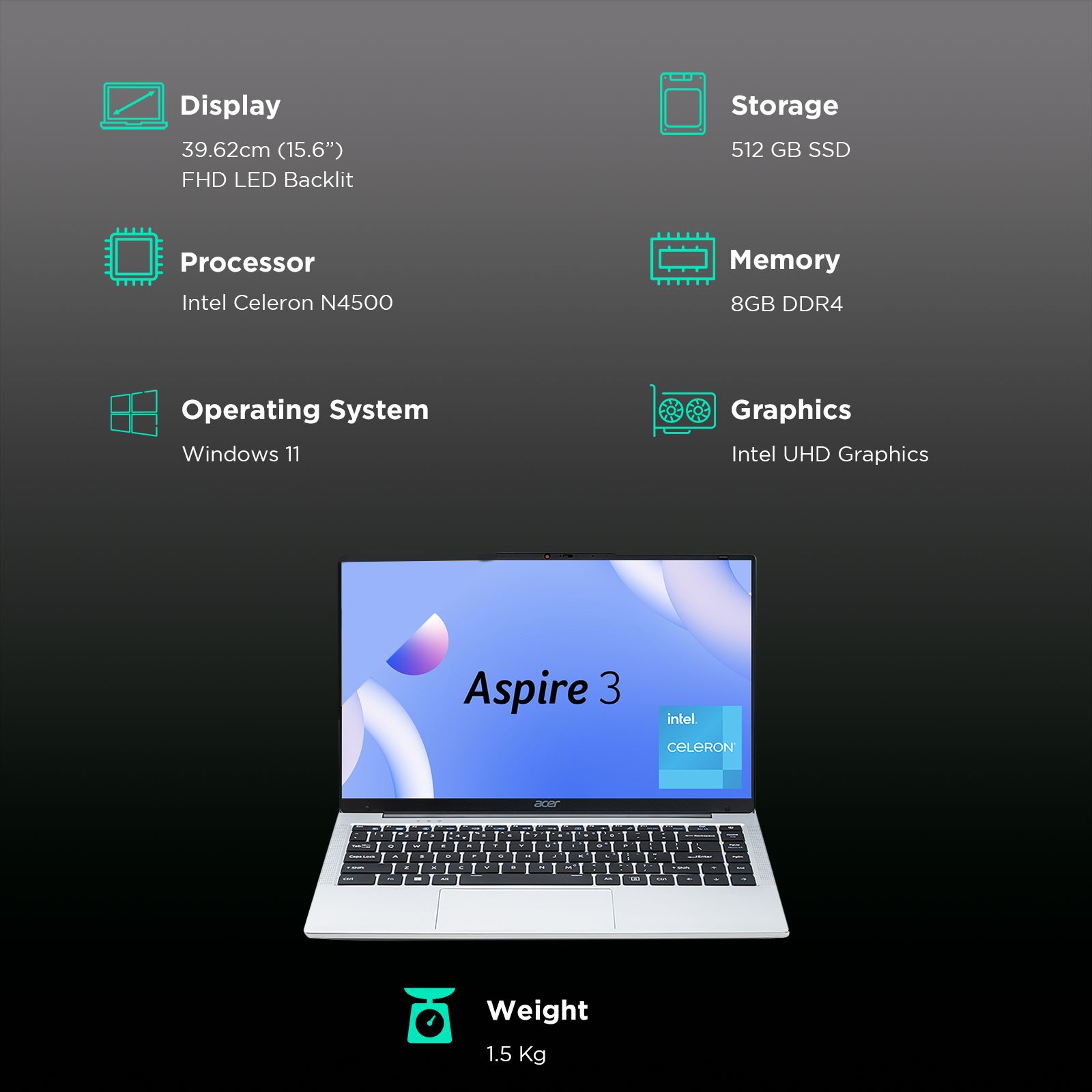 acer Aspire 3 A325-45 Intel Celeron N4500 Thin & Light Laptop (8GB, 512GB SSD, Windows 11 Home, 15.6 inch Full HD LED Backlit Display, Pure Silver, 1.5 KG) acer Aspire 3 A325-45 Intel Celeron N4500 Thin & Light Laptop (8GB, 512GB SSD, Windows 11 Home, 15.6 inch Full HD LED Backlit Display, Pure Silver, 1.5 KG)_3