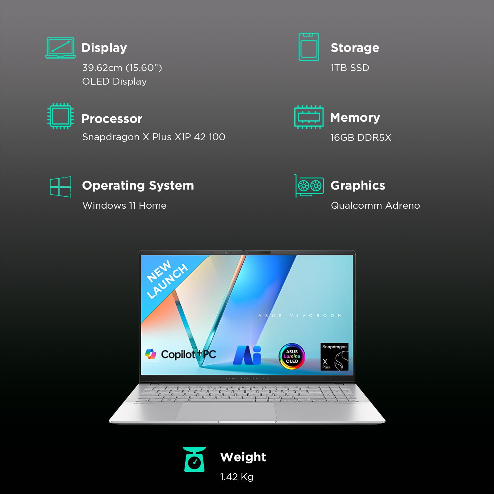 ASUS Vivobook S 15 S5507QA-MA551WS Snapdragon X Plus X1P 42 100 Thin & Light Laptop (16GB, 1TB SSD, Windows 11 Home, 15.6 inch OLED Display, MS Office 2021, Cool Silver, 1.42 KG)_3